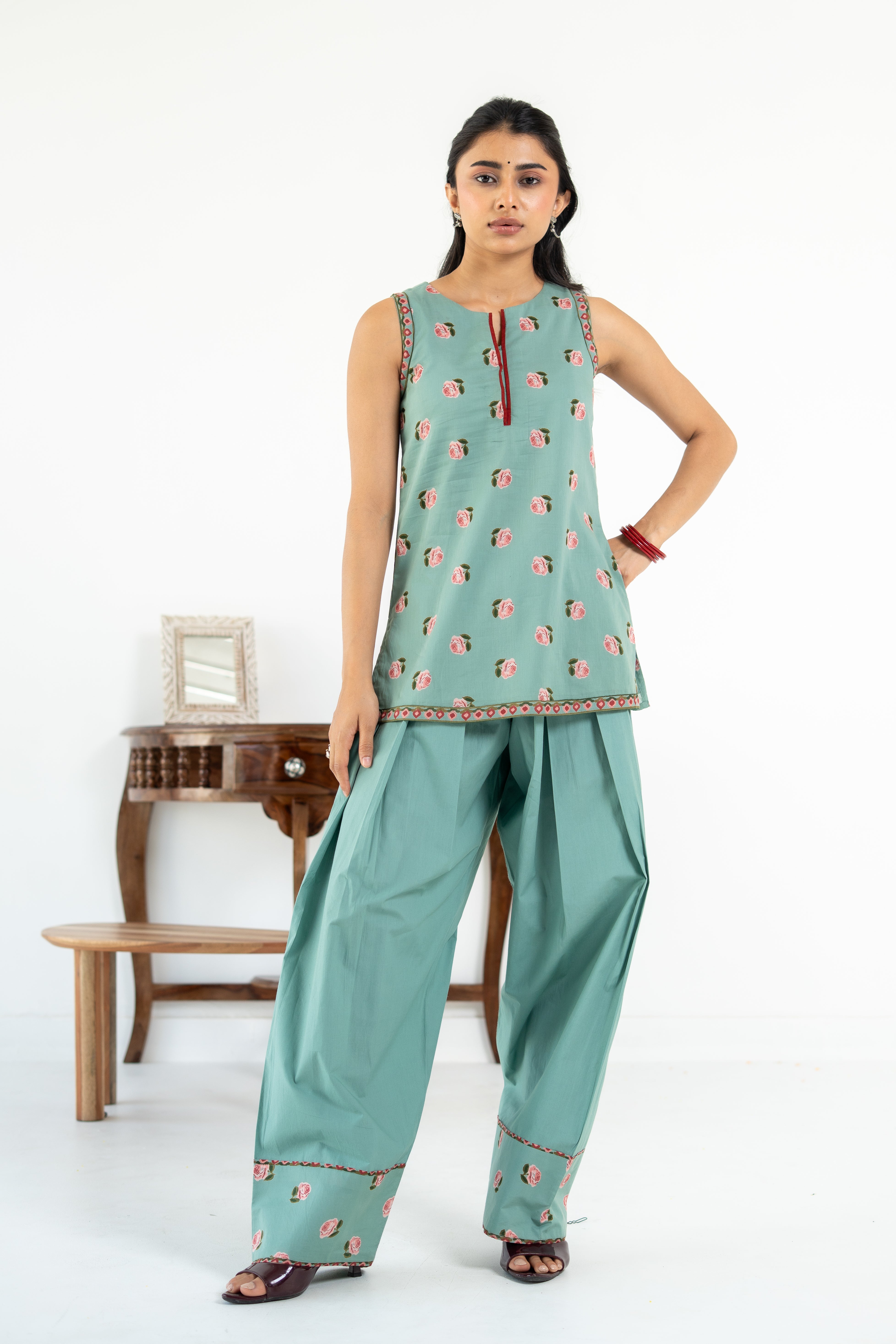 SAGE GREEN ROOH KURTA WITH FARSI SALWAR SET OF 3