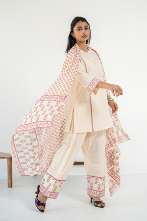 PINK AND OFF WHITE ZIVA KURTA WITH FARSI SALWAR SET OF 3