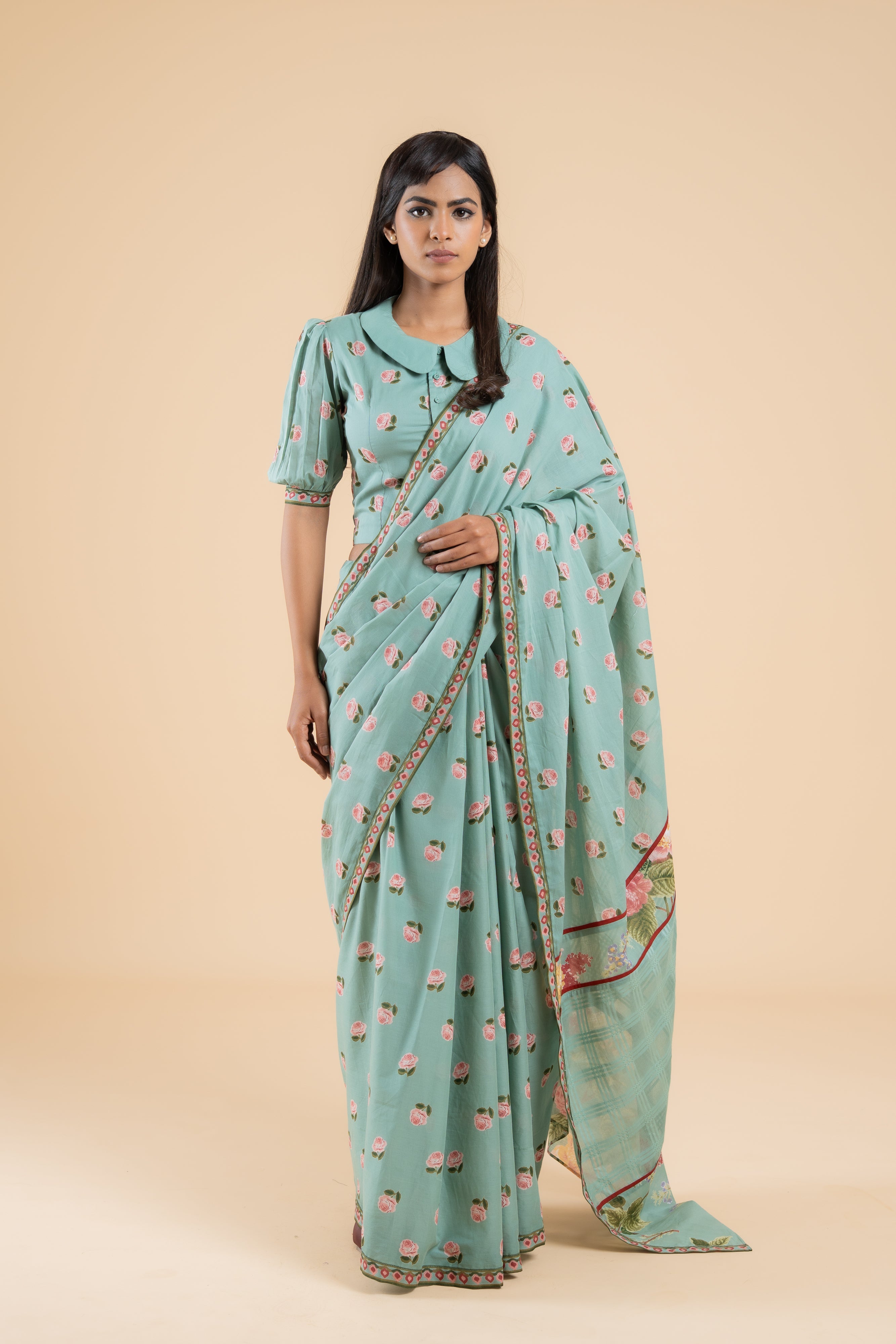 SAGE GREEN PHOOLWARI  SAREE WITH UNSTITCHED BLOUSE  PCS