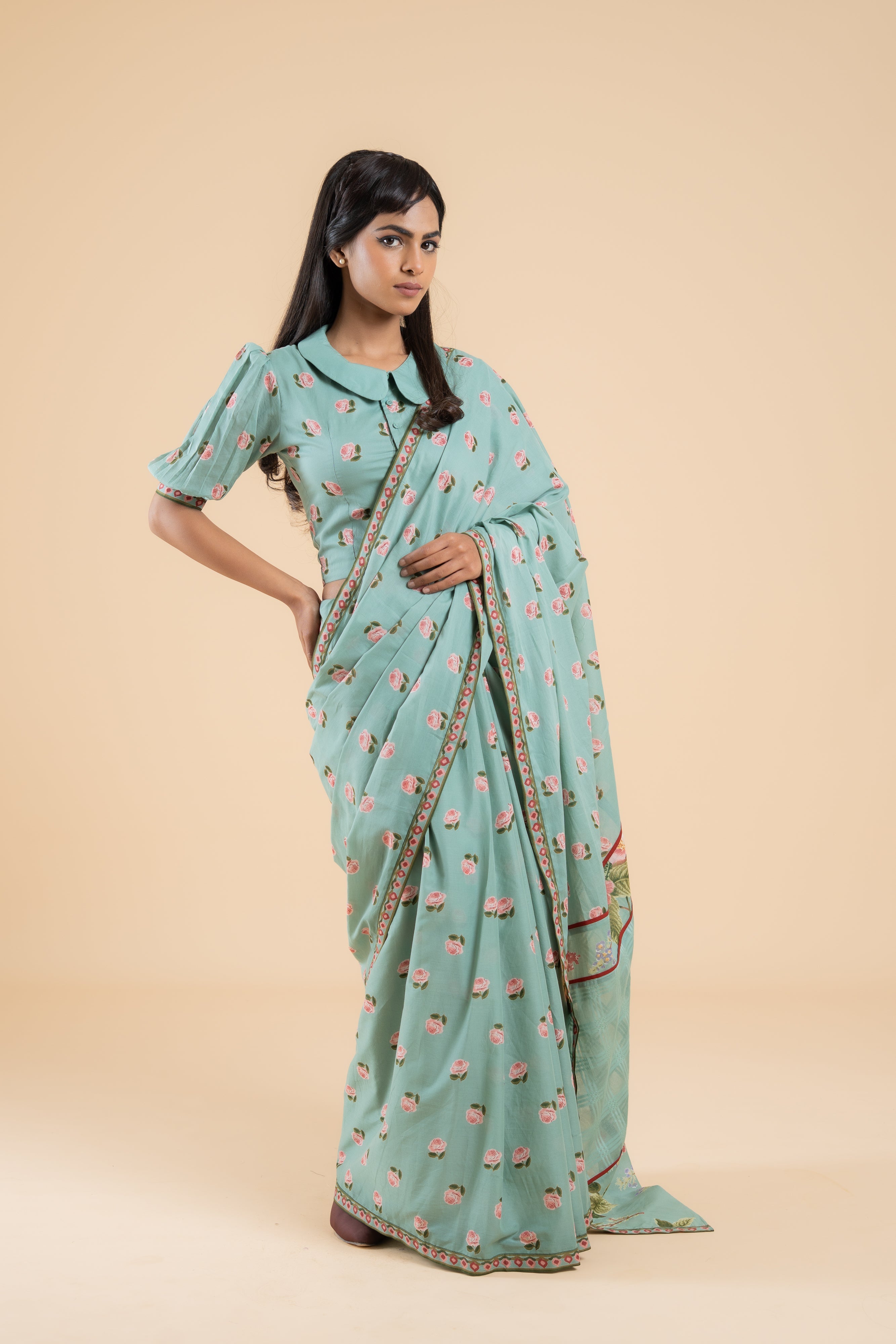 SAGE GREEN PHOOLWARI  SAREE WITH UNSTITCHED BLOUSE  PCS