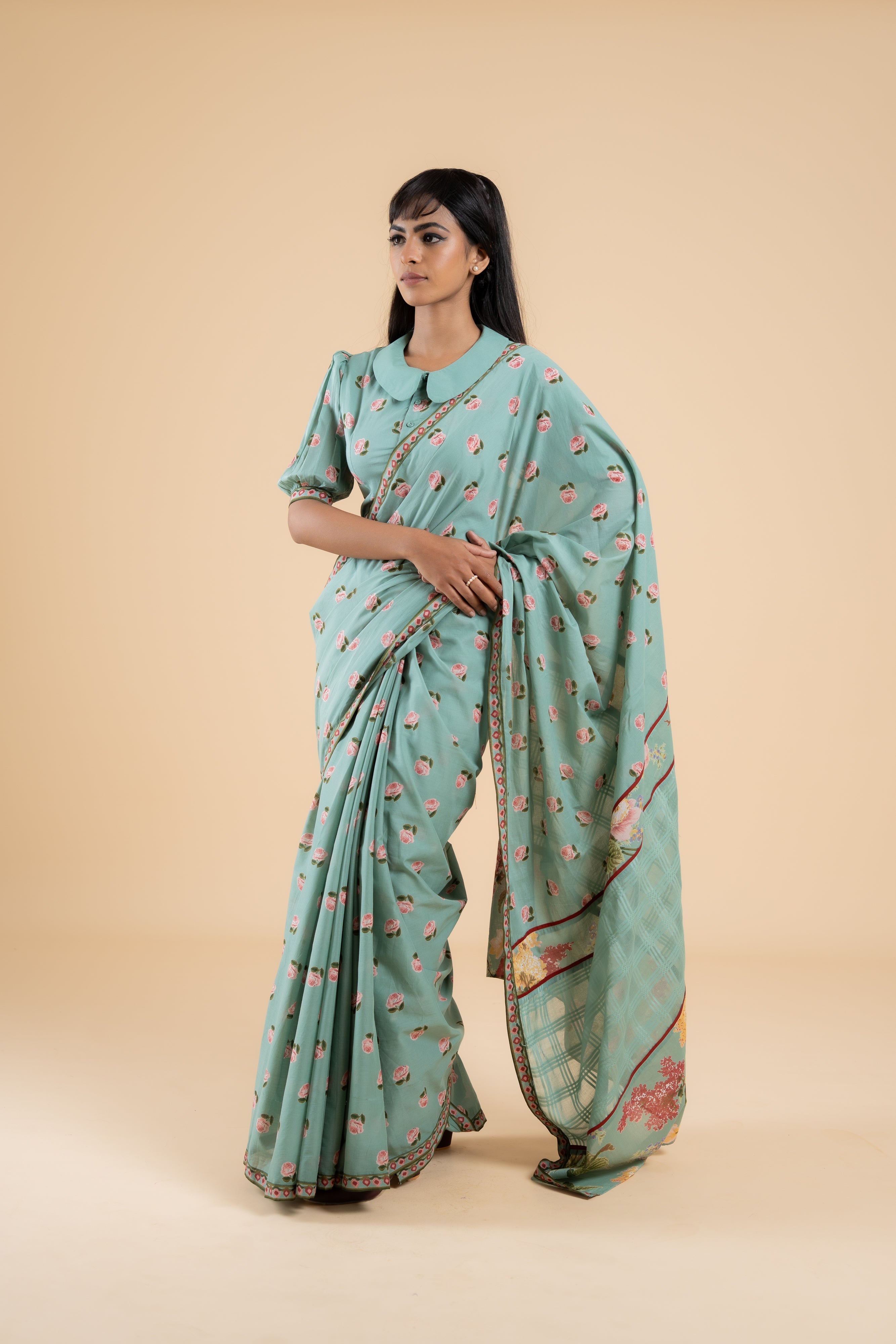 SAGE GREEN PHOOLWARI  SAREE WITH UNSTITCHED BLOUSE  PCS