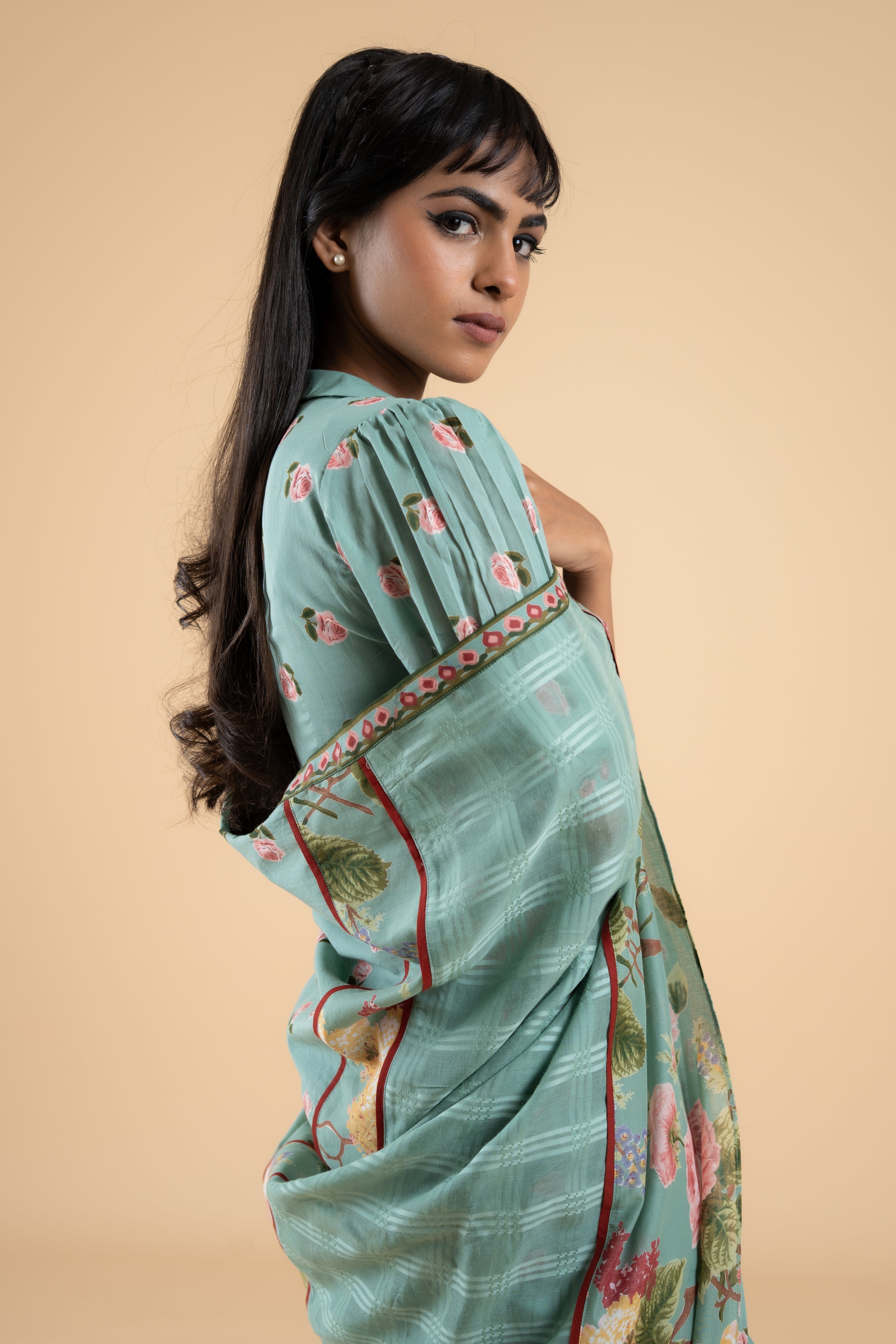 SAGE GREEN PHOOLWARI  SAREE WITH UNSTITCHED BLOUSE  PCS