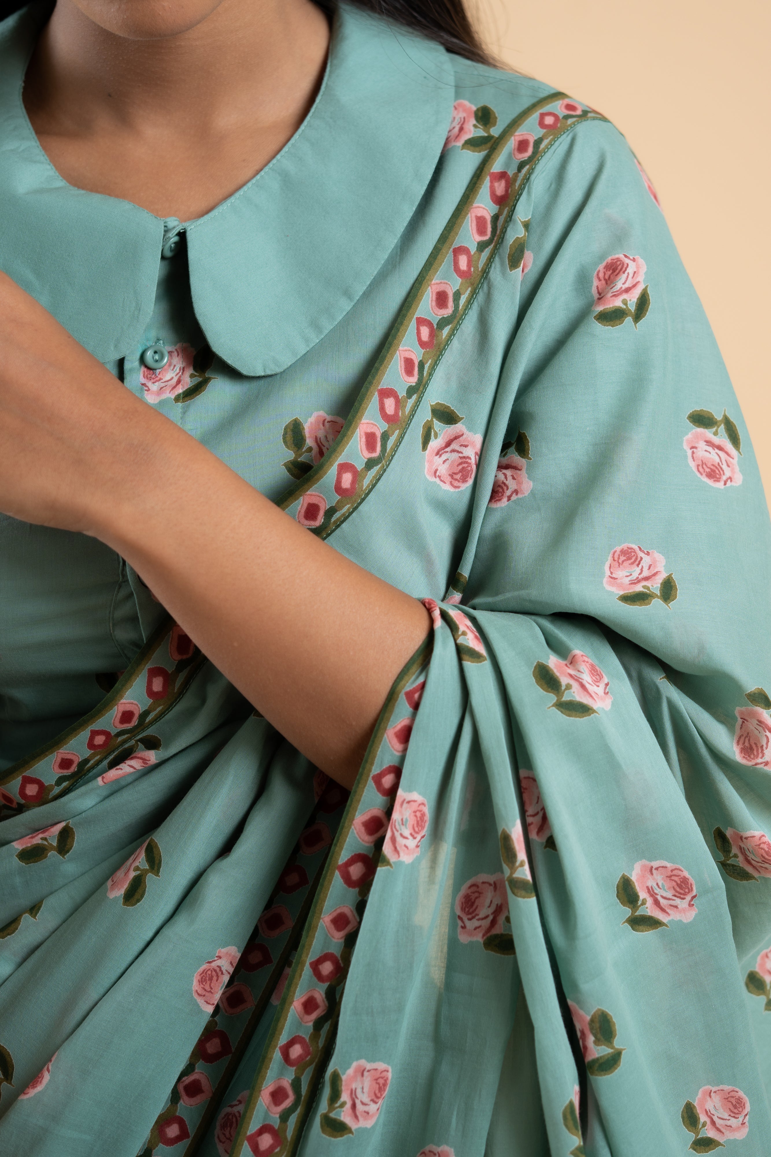 SAGE GREEN PHOOLWARI  SAREE WITH UNSTITCHED BLOUSE  PCS