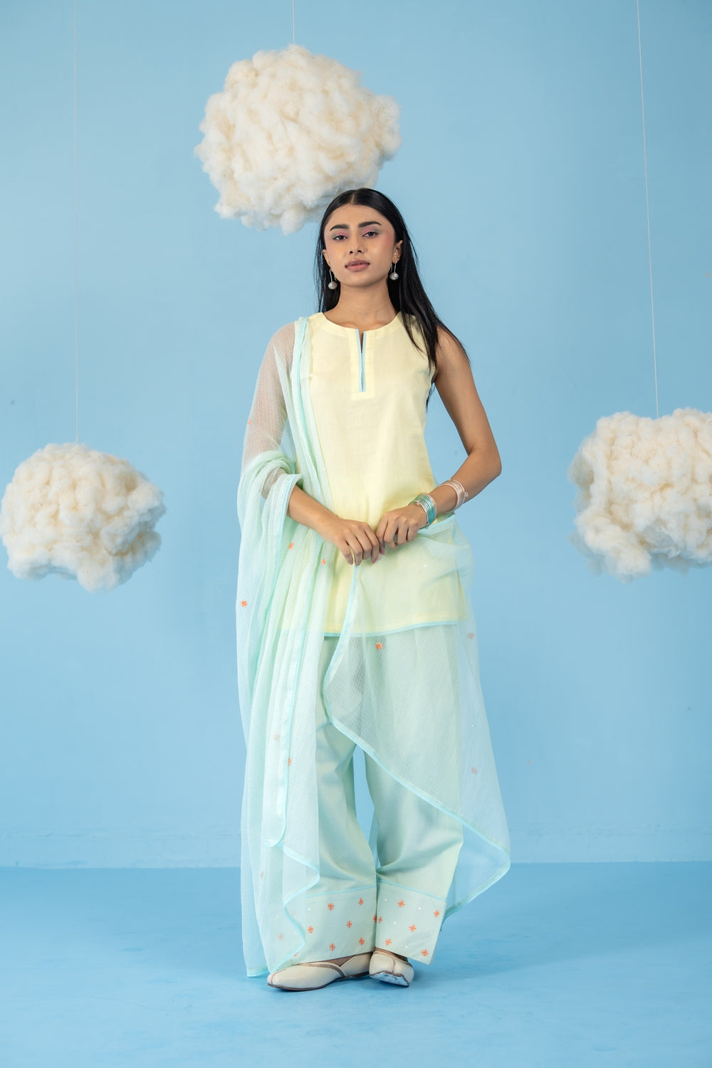 BUTTER YELLOW & MINT GREEN  MANGO MINT FARSI SALWAR SET OF 3