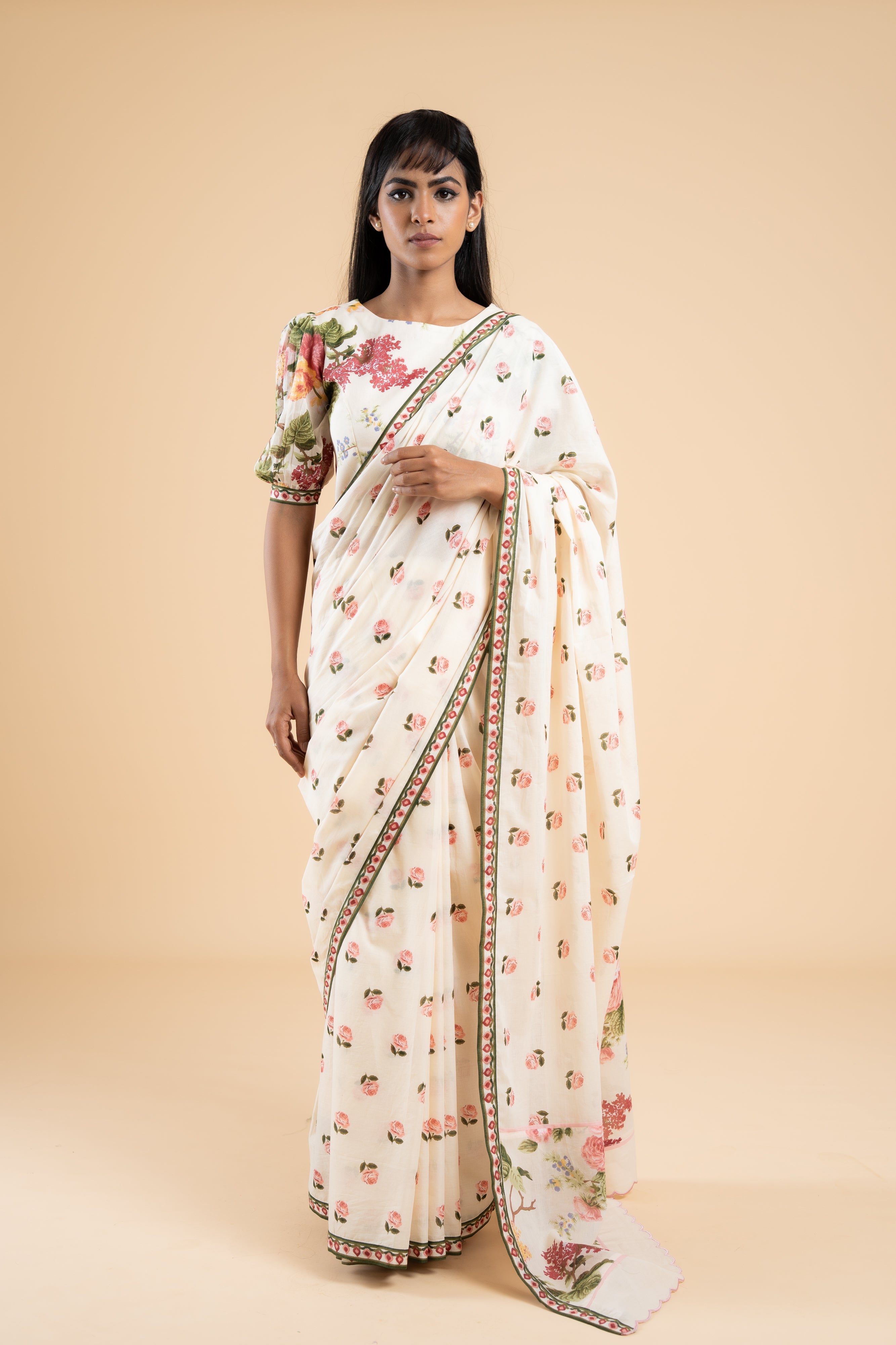 OFF WHITE GULABIYA SAREE WITH UNSTITCHED BLOUSE  PCS