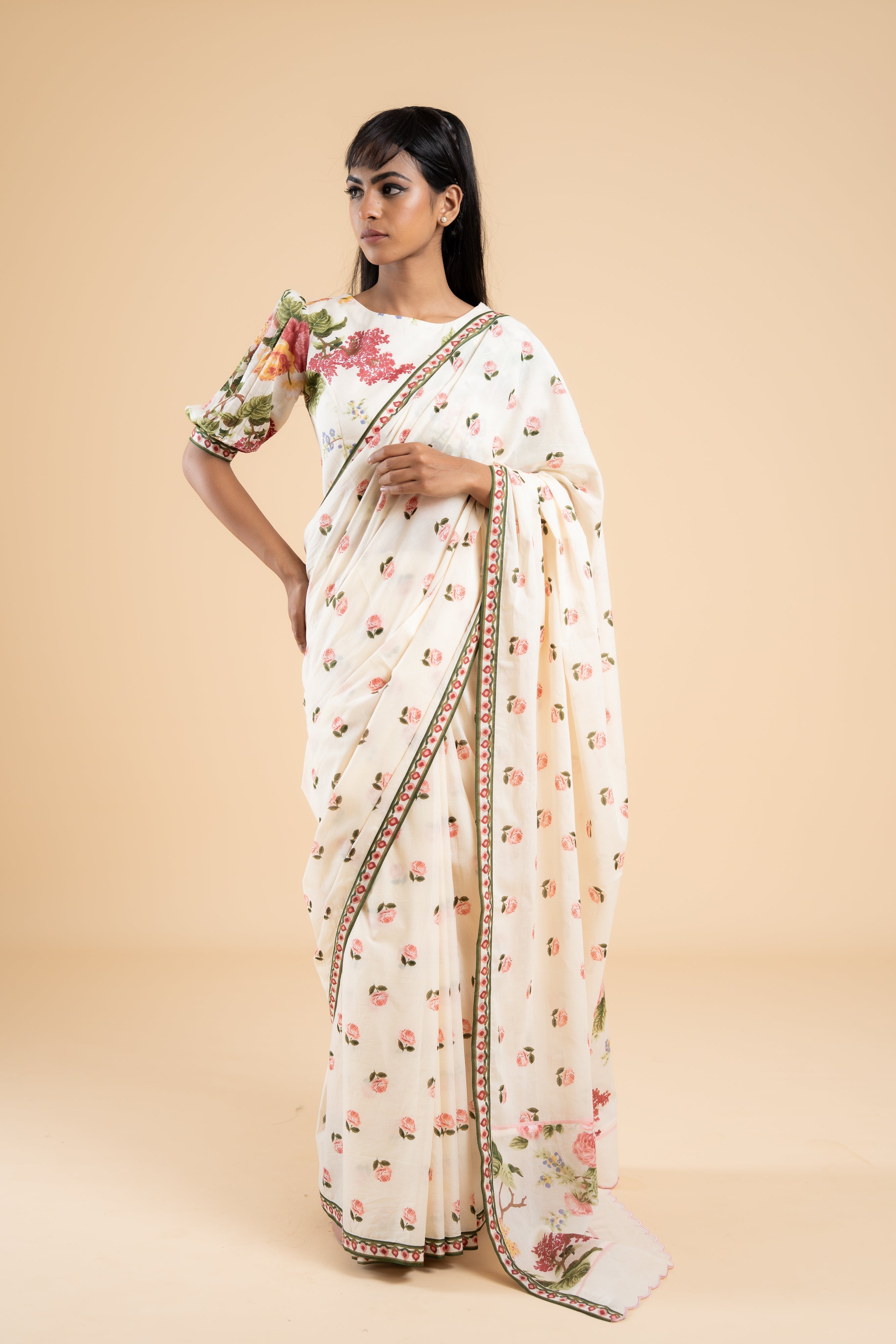 OFF WHITE GULABIYA SAREE WITH UNSTITCHED BLOUSE  PCS