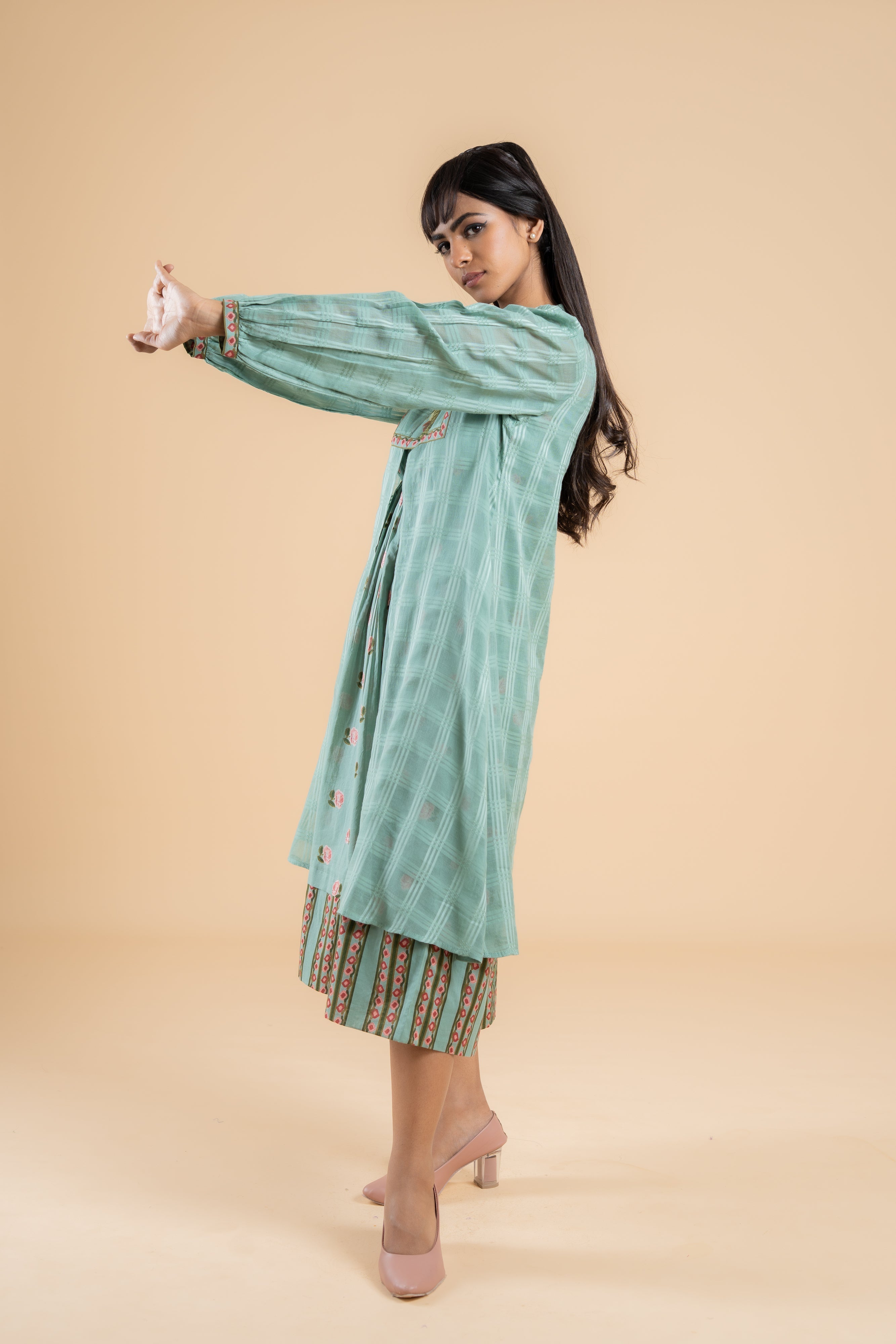 SAGE GREEN PANKHUDI  DRESS WITH JACKET SET OF 2