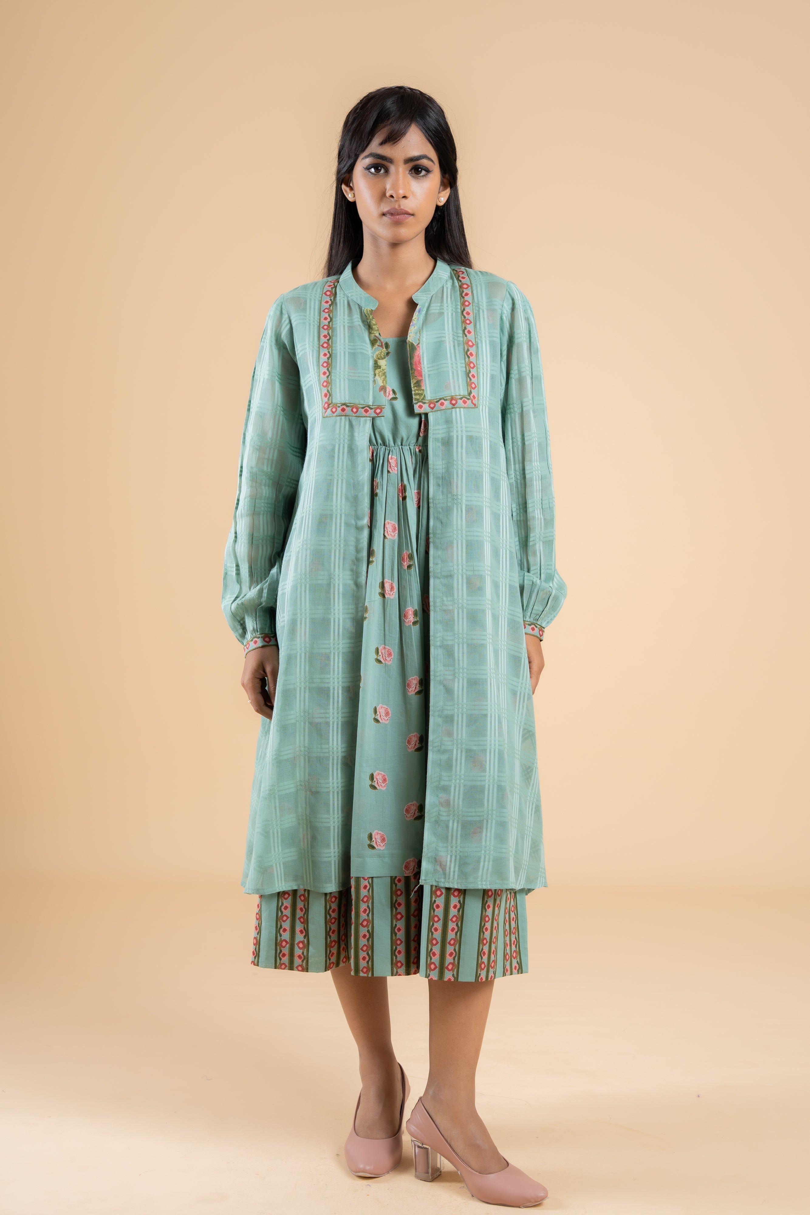 SAGE GREEN PANKHUDI  DRESS WITH JACKET SET OF 2