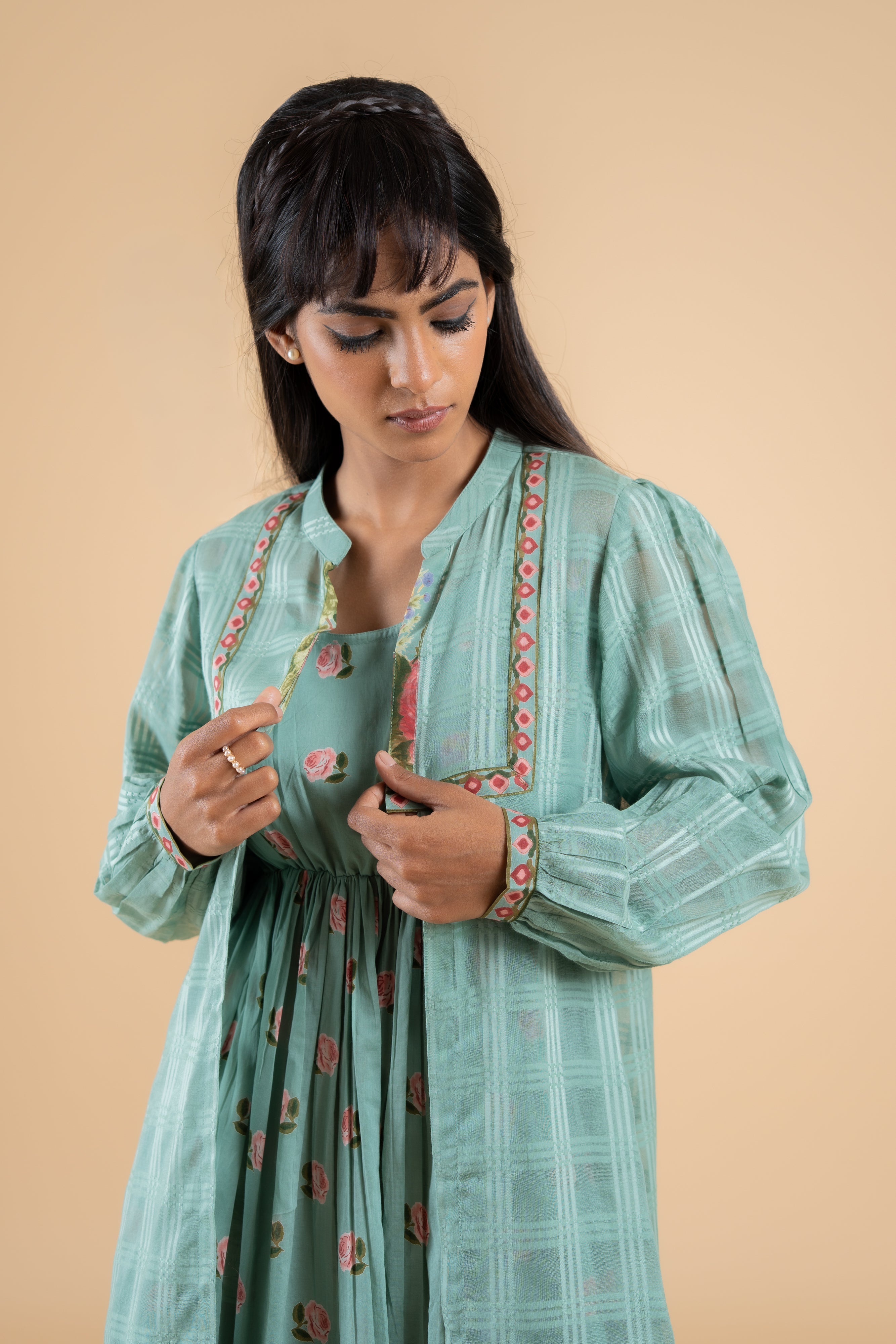 SAGE GREEN PANKHUDI  DRESS WITH JACKET SET OF 2