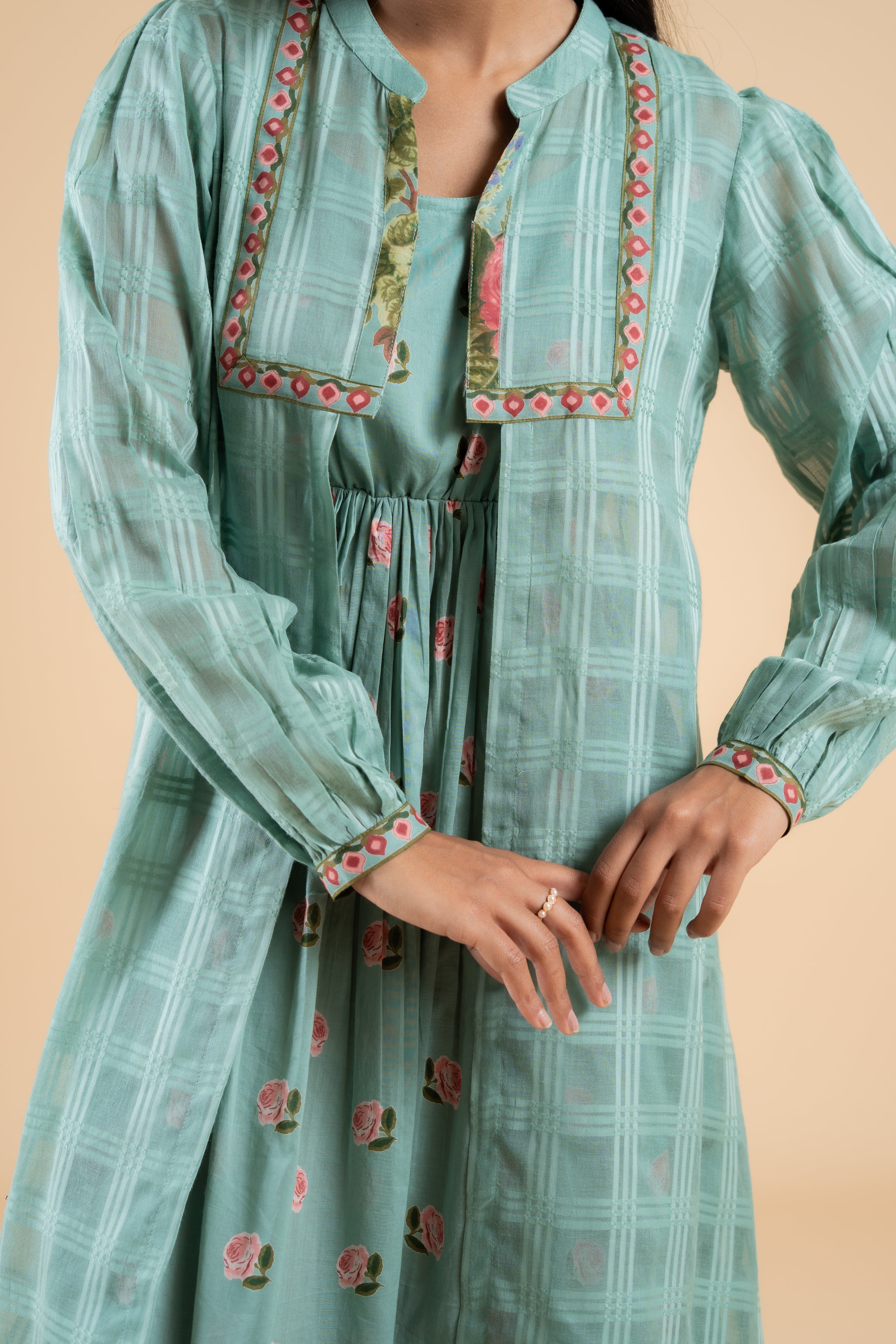 SAGE GREEN PANKHUDI  DRESS WITH JACKET SET OF 2
