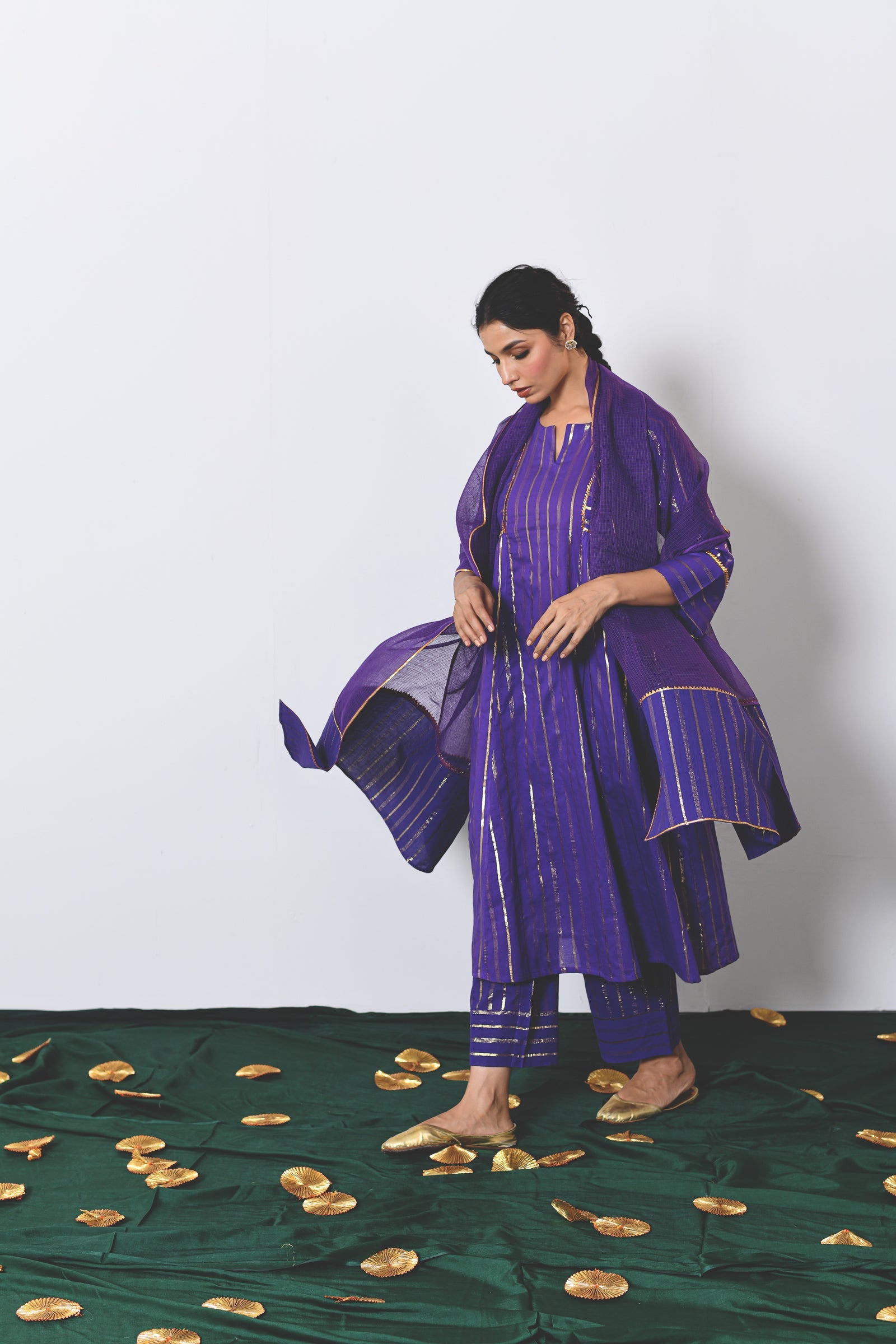 Neelima Purple Lurex Round Neck A-line Kurta, Pant and Dupatta