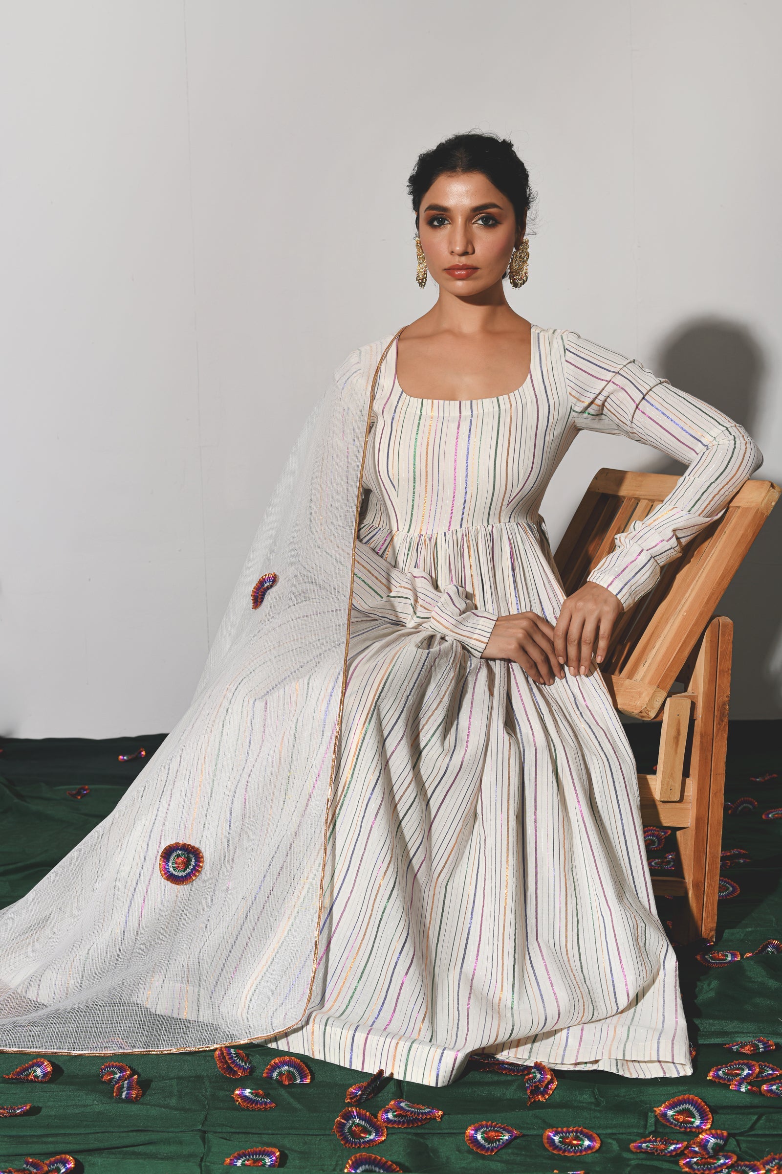 Jhilmil Off-white Multicolor Zari Lurex Round Neck Anarkali with Pant and Dupatta