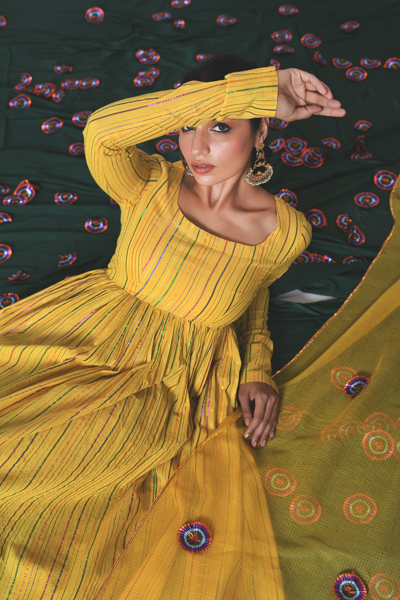 Genda Yellow Multicolor zari Lurex Round neck Anarkali with Pant and Dupatta