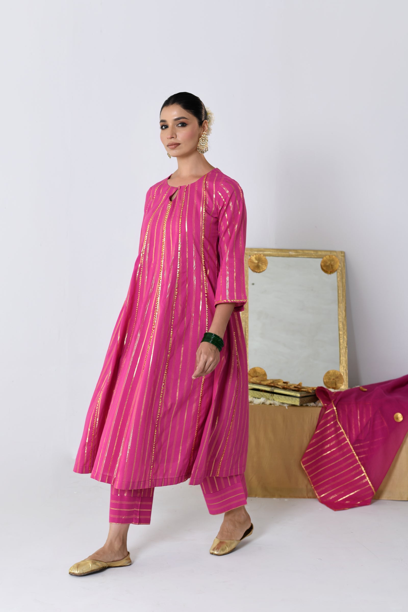 Gulrang Pink Lurex Round Neck Anarkali Set