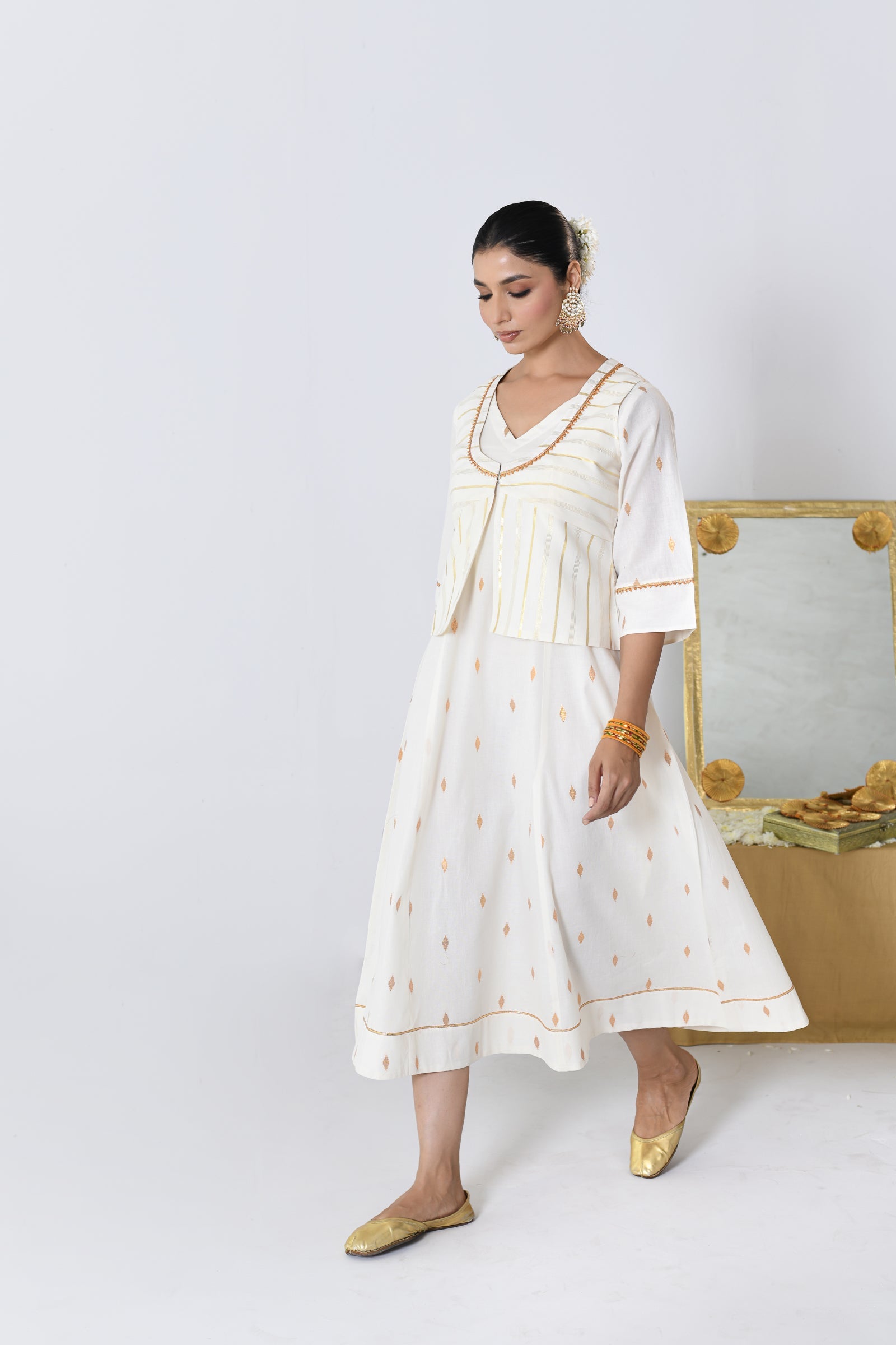 Chakri White Lurex V-neck Dress with Koti