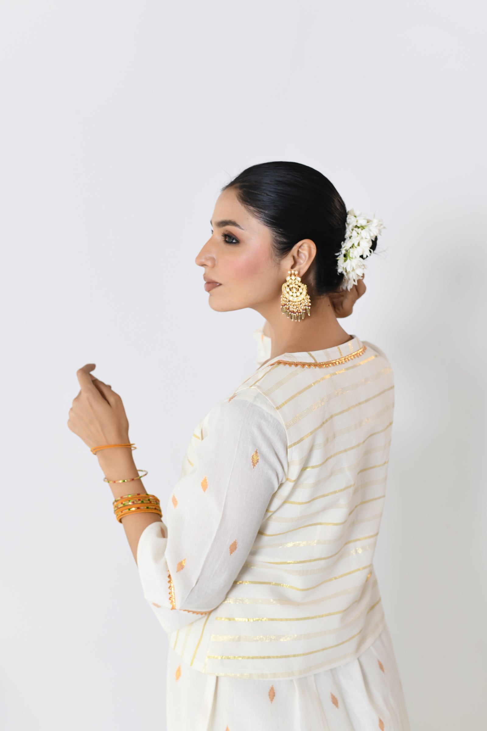 Chakri White Lurex V-neck Dress with Koti