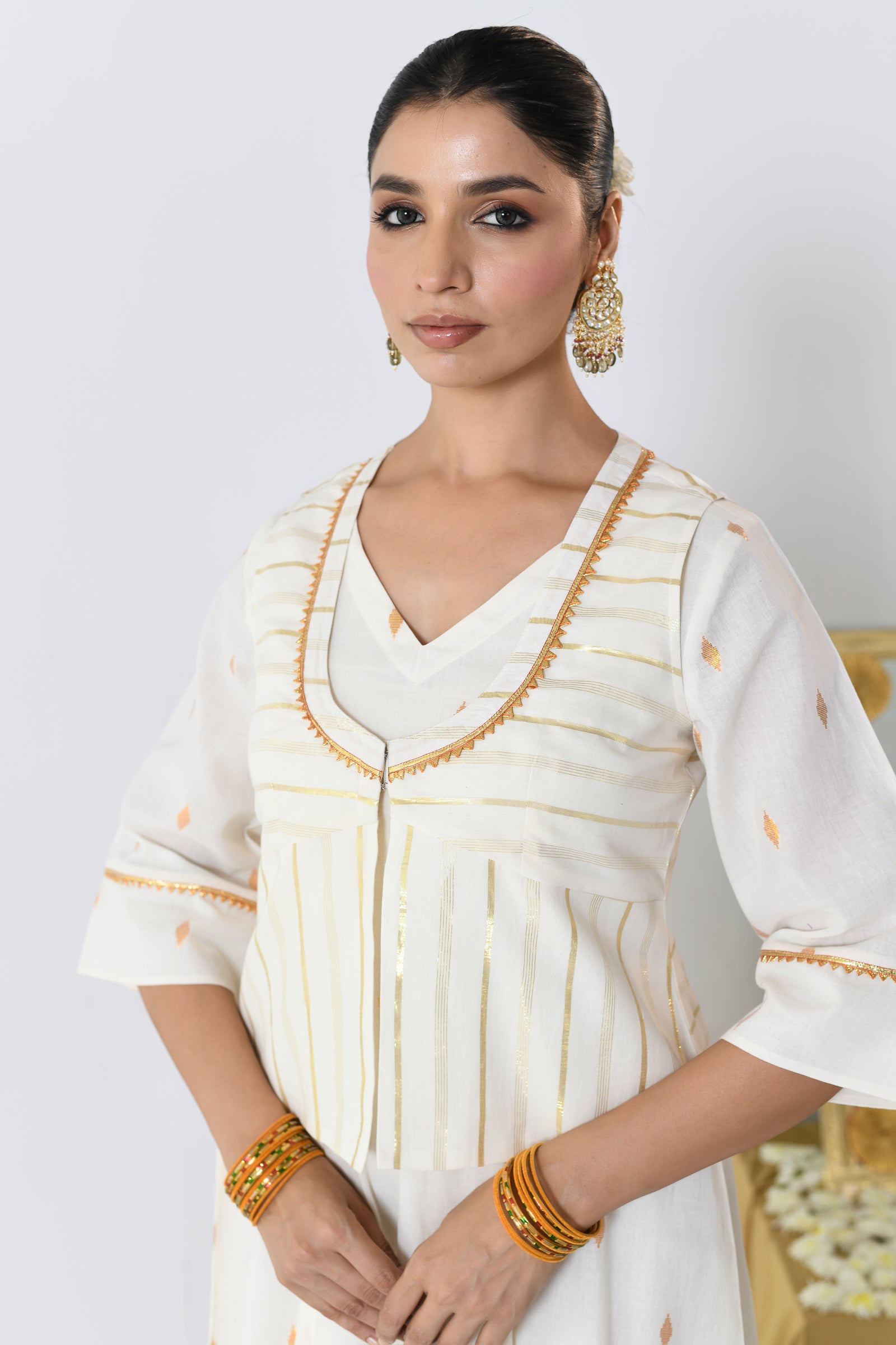 Chakri White Lurex V-neck Dress with Koti
