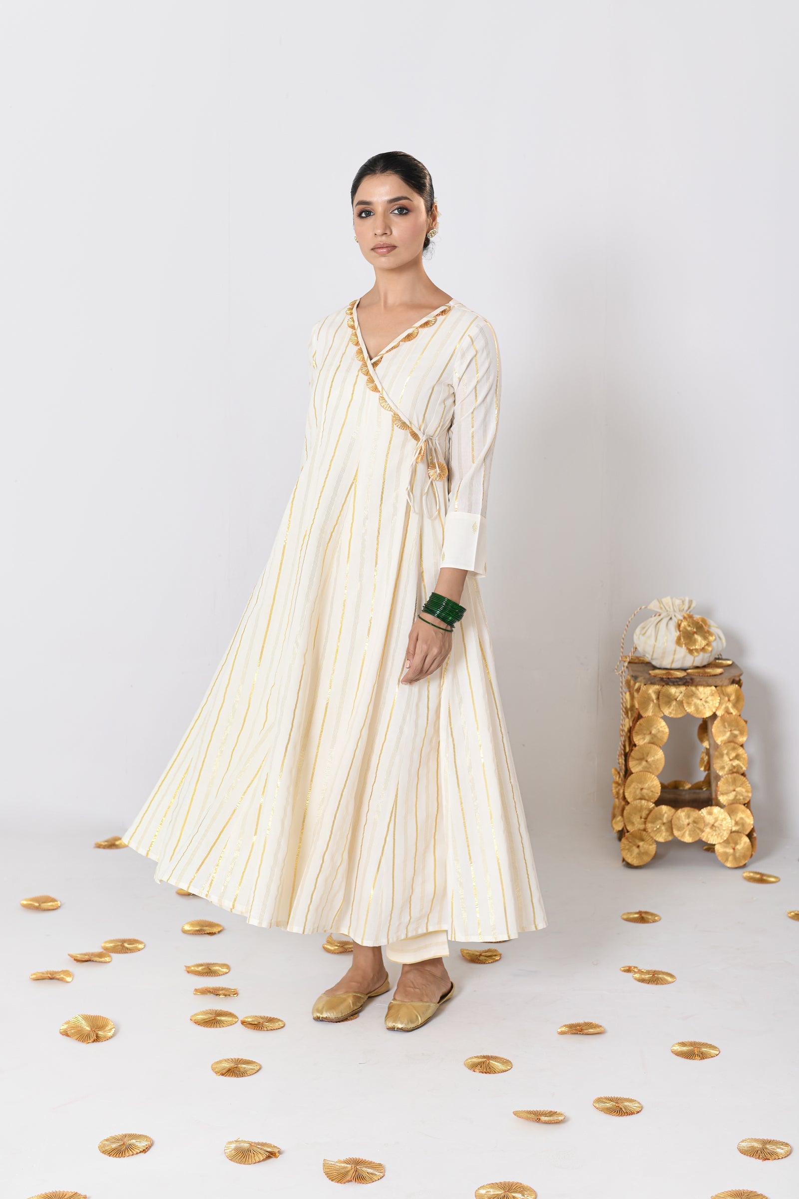 Shweta V-neck Off-White Lurex Angrakha Anarkali Set