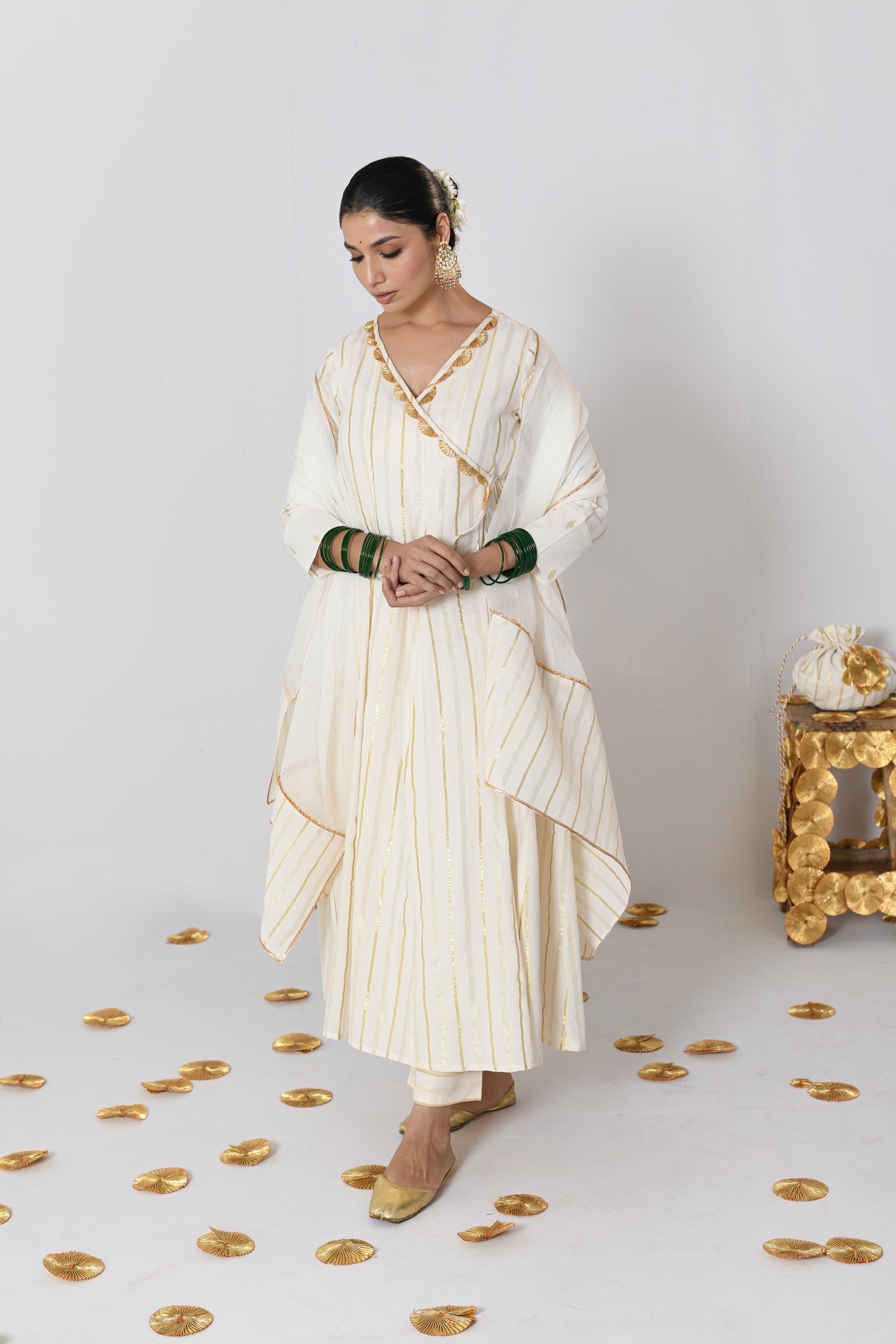 Shweta V-neck Off-White Lurex Angrakha Anarkali Set