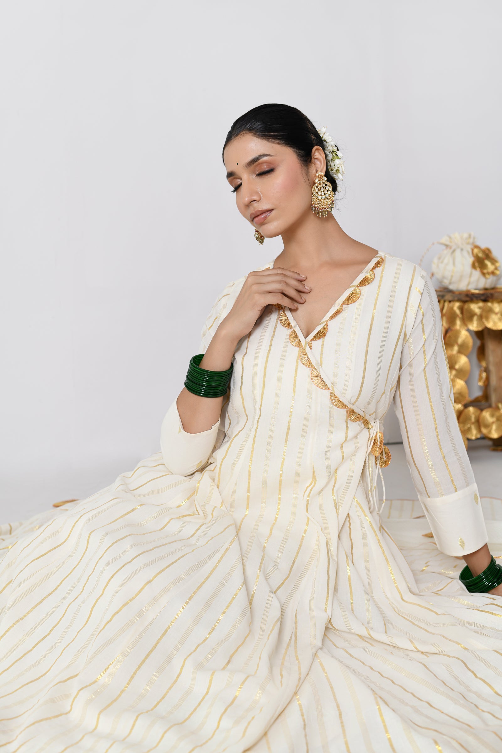 Shweta V-neck Off-White Lurex Angrakha Anarkali Set