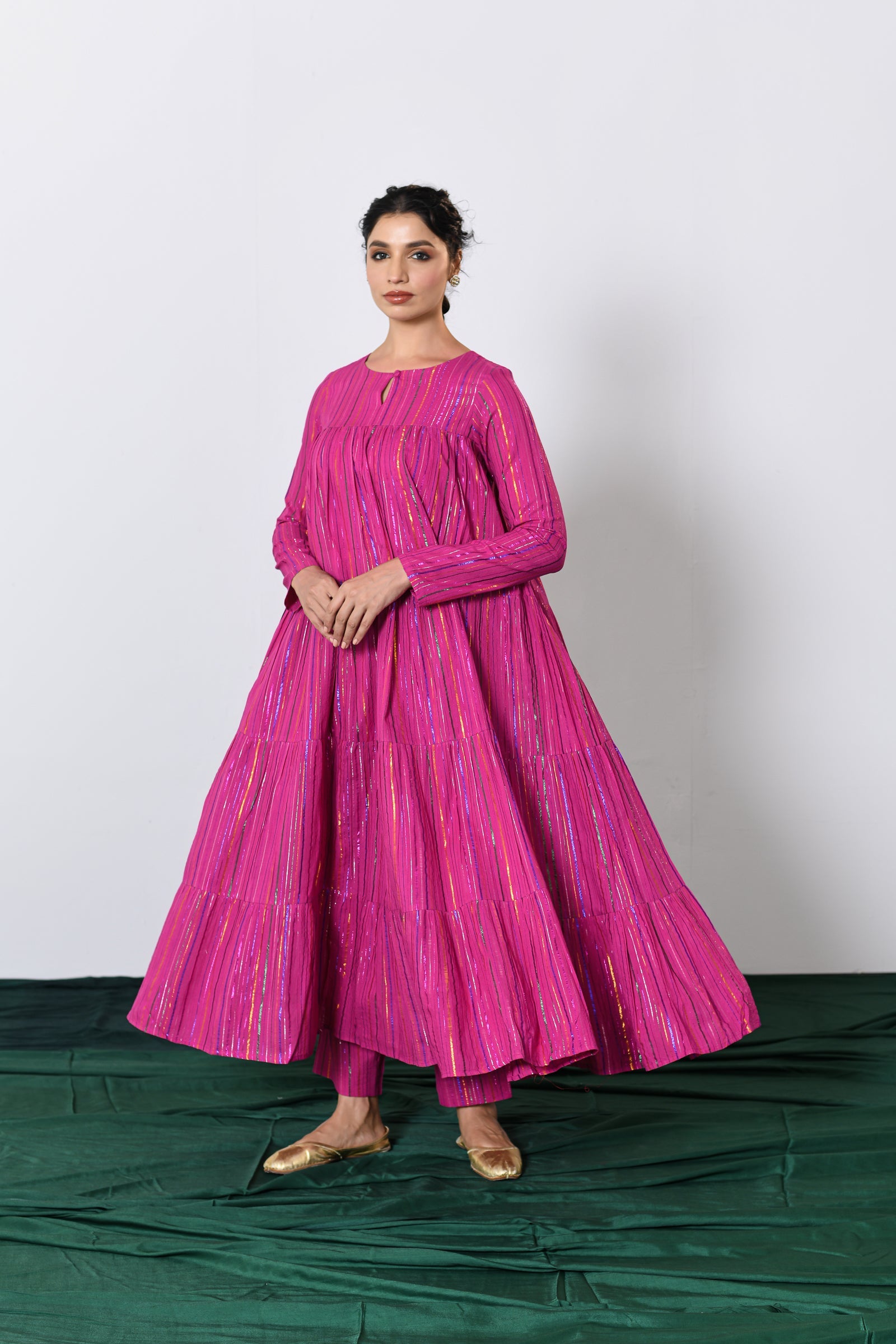 Rangmala Pink Multicolor zari Lurex Tiered Anarkali with Pants (RTS)