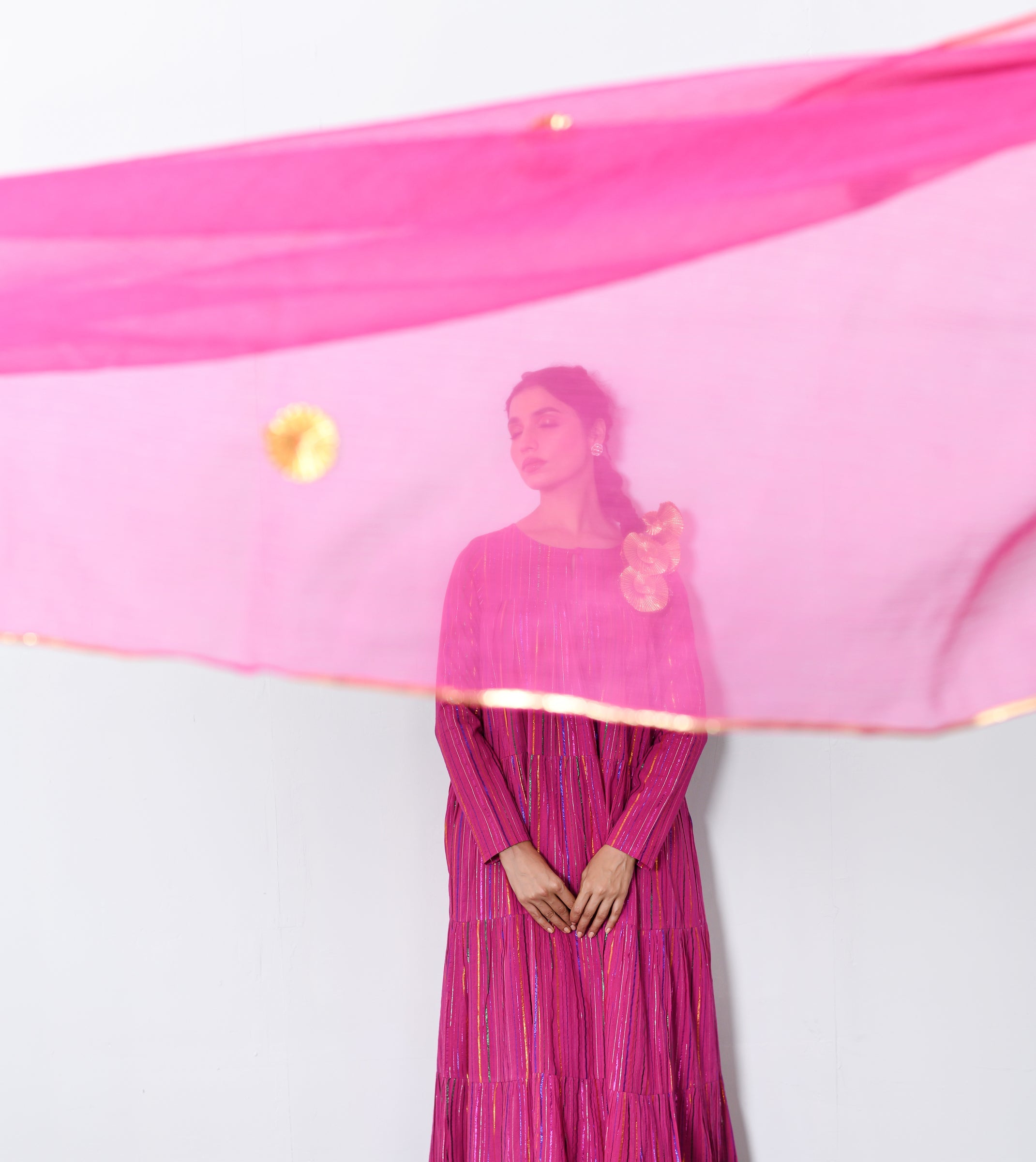 Rangmala Pink Multicolor zari Lurex Tiered Anarkali with Pants (RTS)