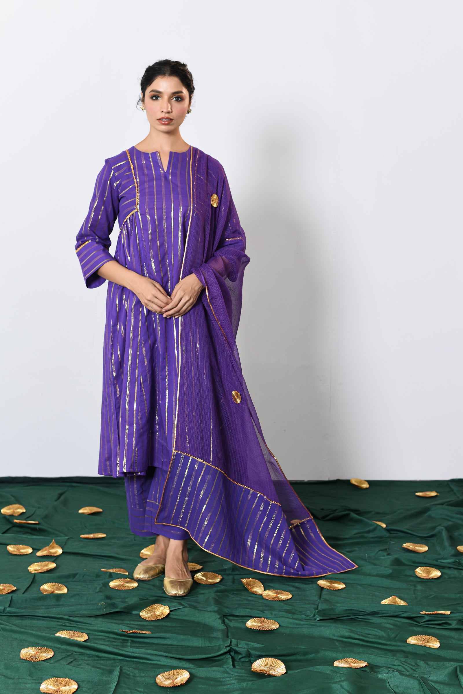 Neelima Purple Lurex Round Neck A-line Kurta, Pant and Dupatta