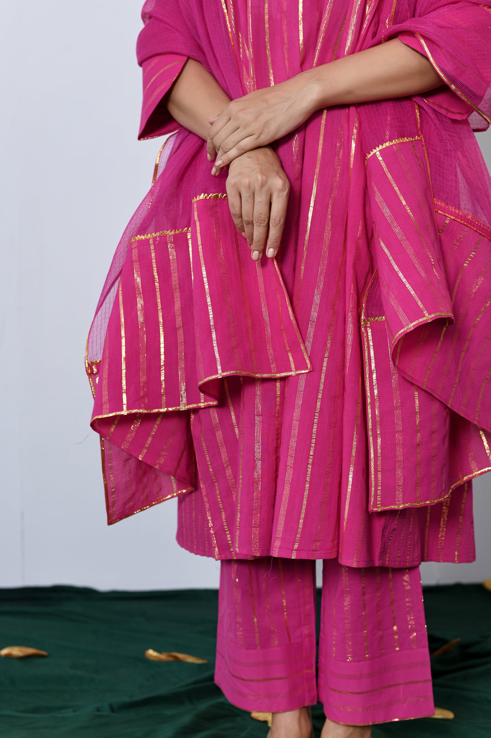 Pink Round Neck Lurex A-line Kurta with Pant and Dupatta