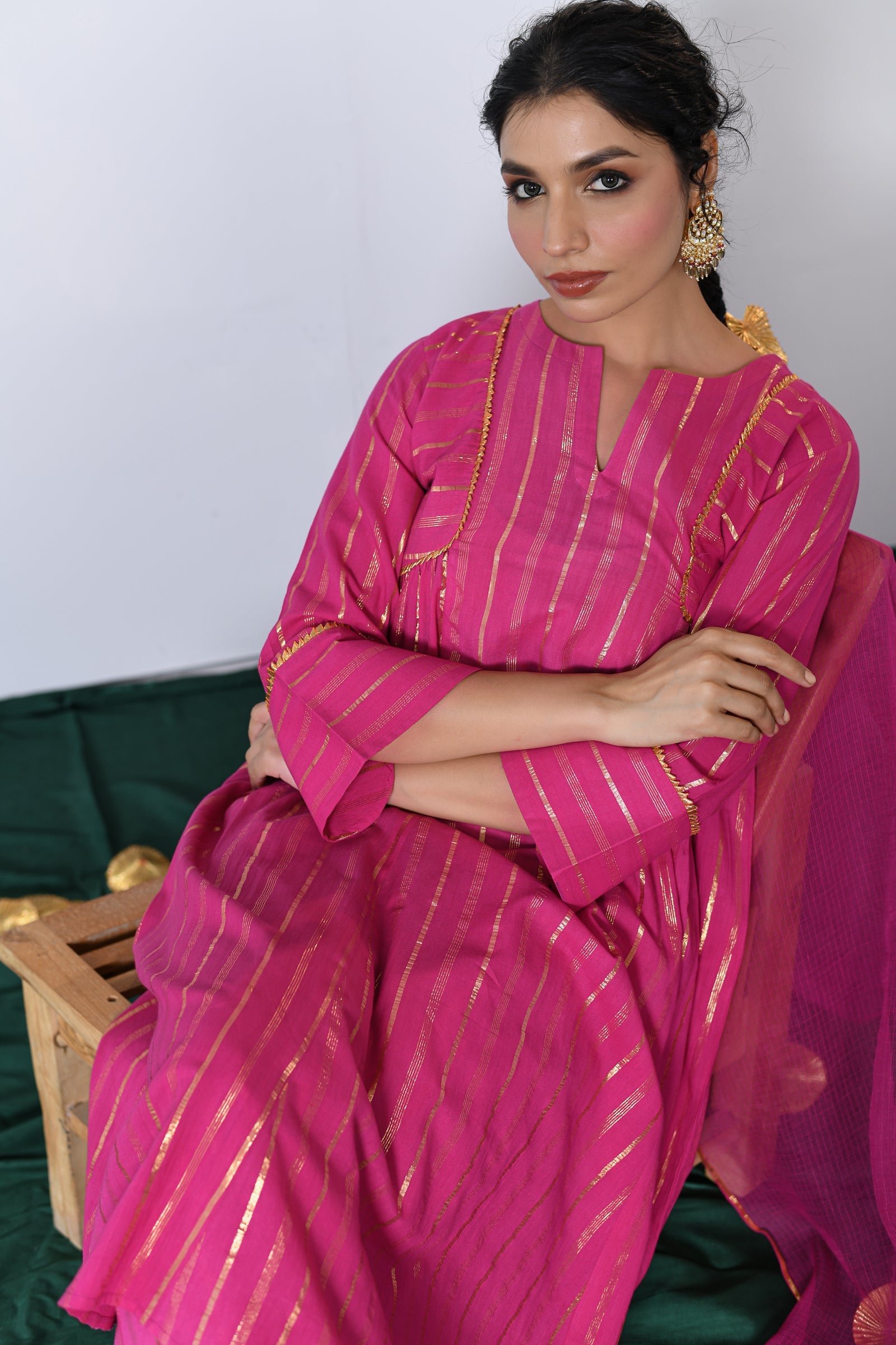 Pink Round Neck Lurex A-line Kurta with Pant and Dupatta