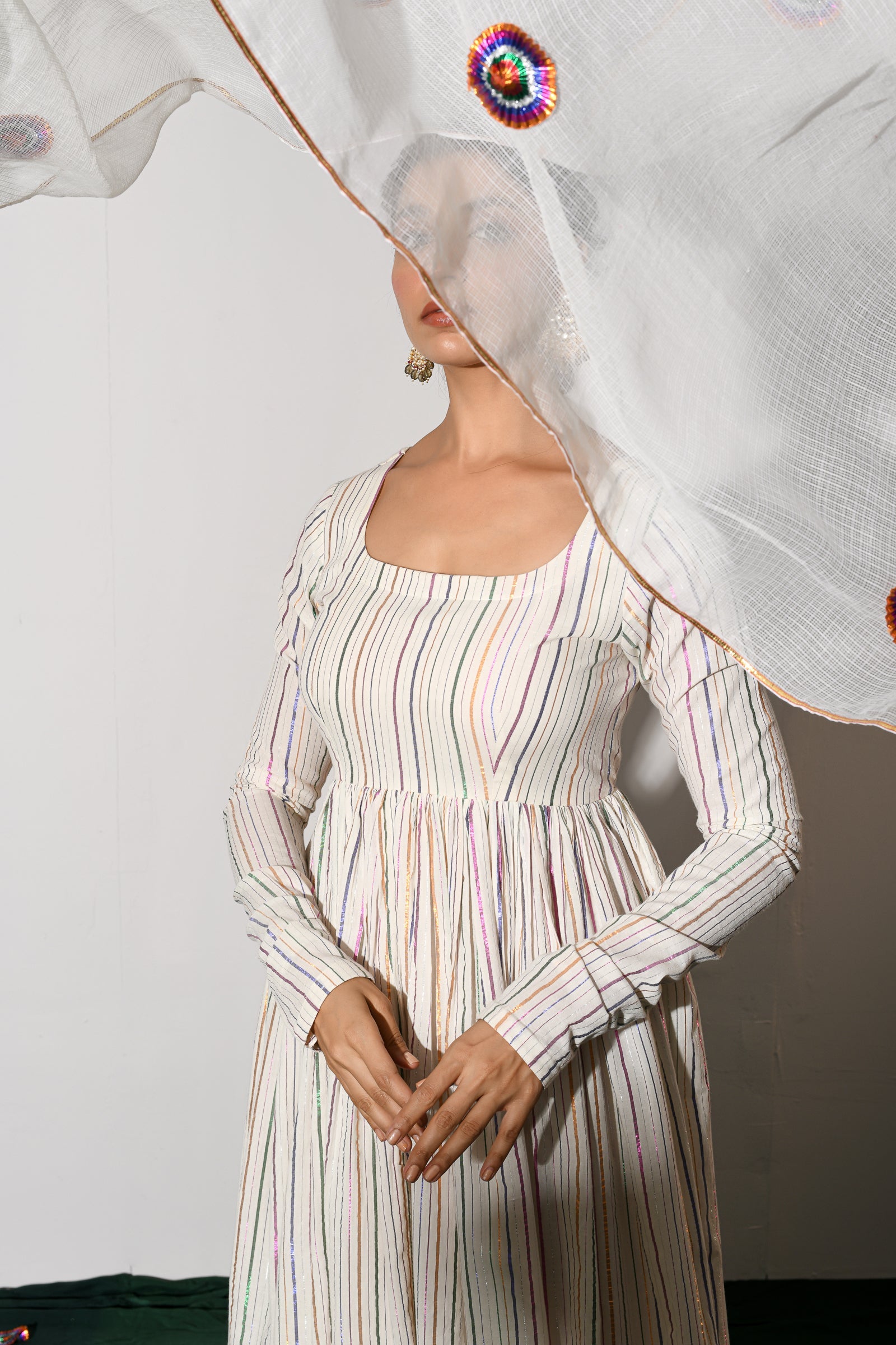 Jhilmil Off-white Multicolor Zari Lurex Round Neck Anarkali with Pant and Dupatta