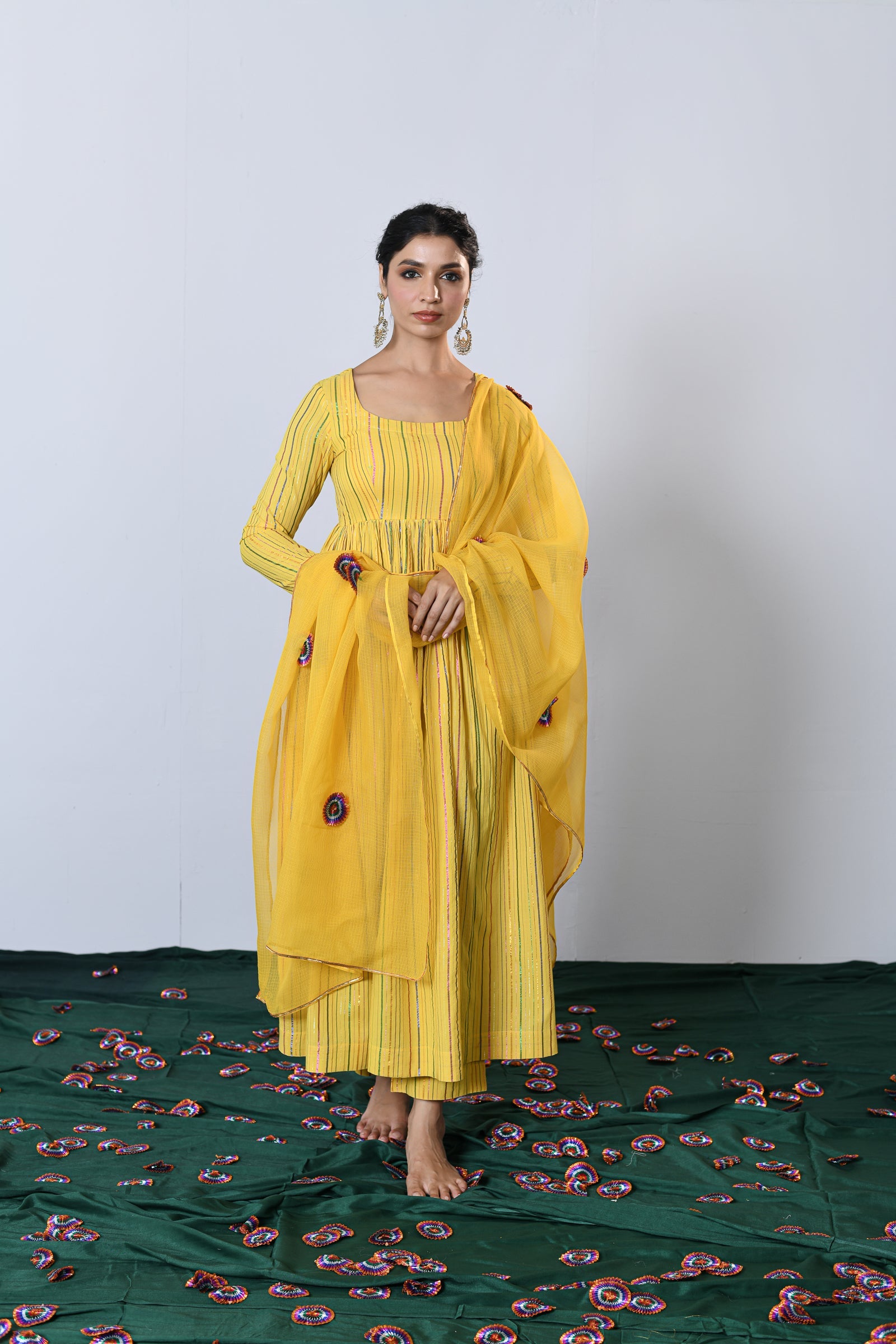 Genda Yellow Multicolor zari Lurex Round neck Anarkali with Pant and Dupatta