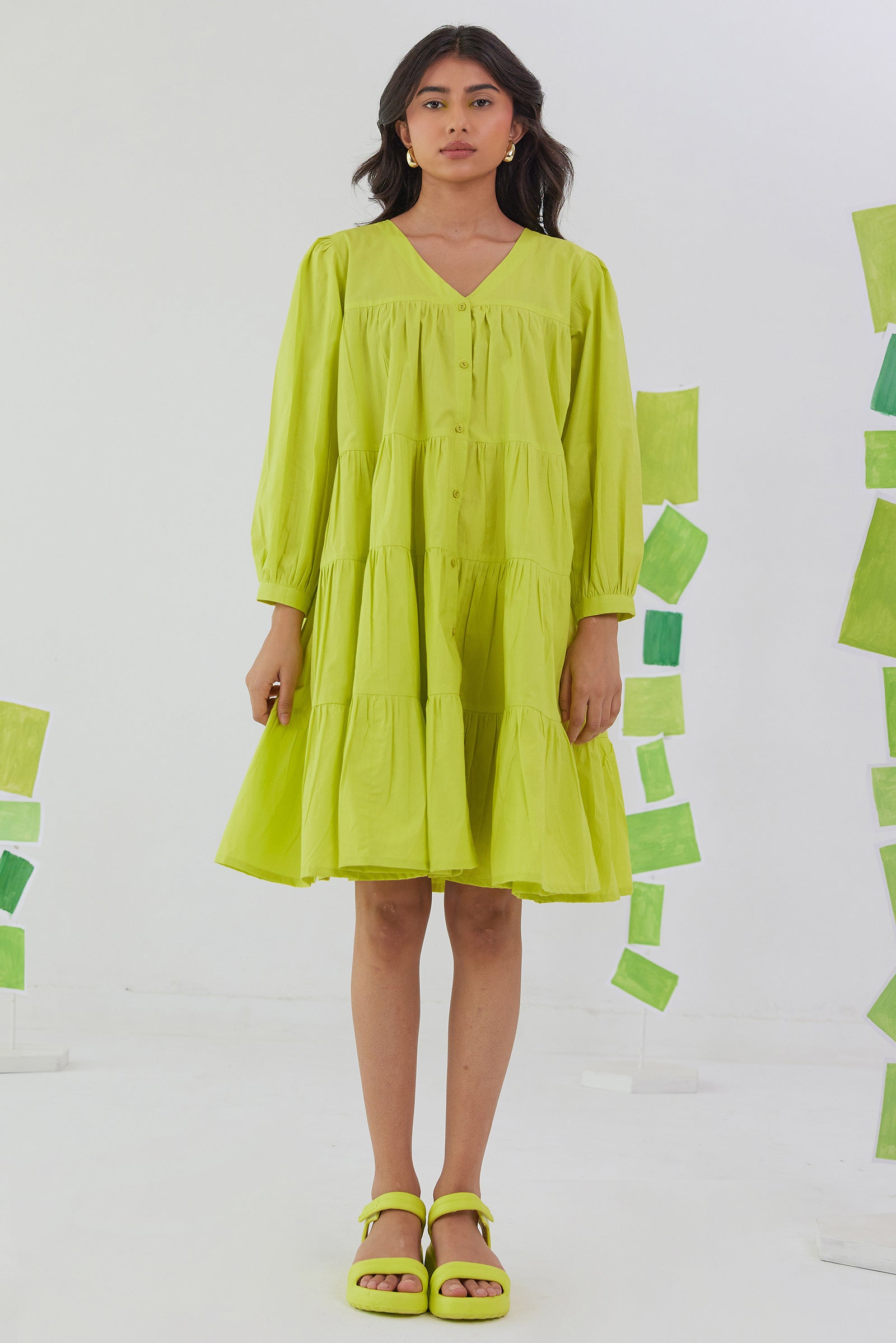 VIVID LIME NEON POPLIN TIERED KNEE LENGTH DRESS