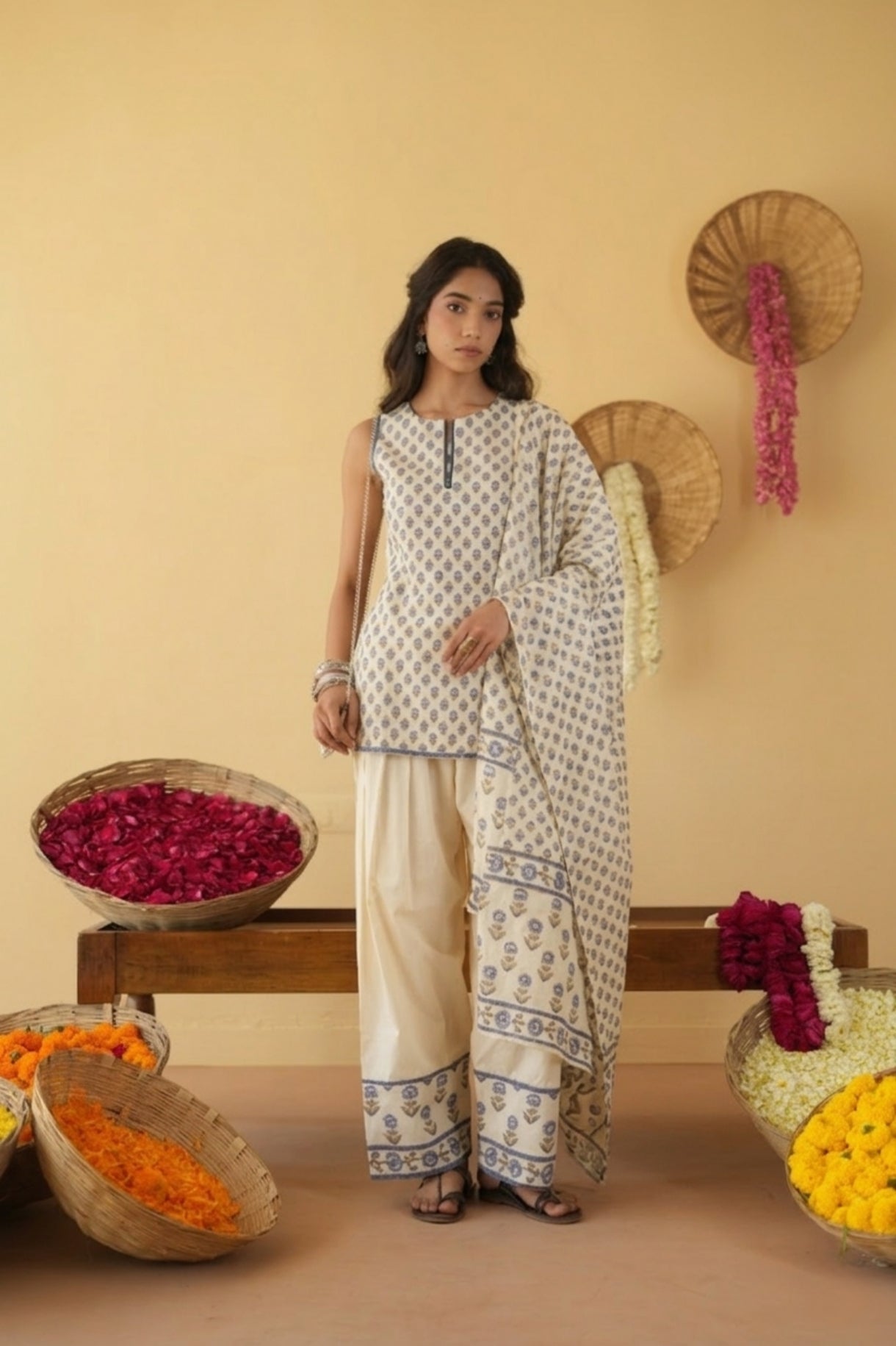 BLUE & OFF WHITE   ALINA KURTA WITH FARSI SALWAR SET OF 3