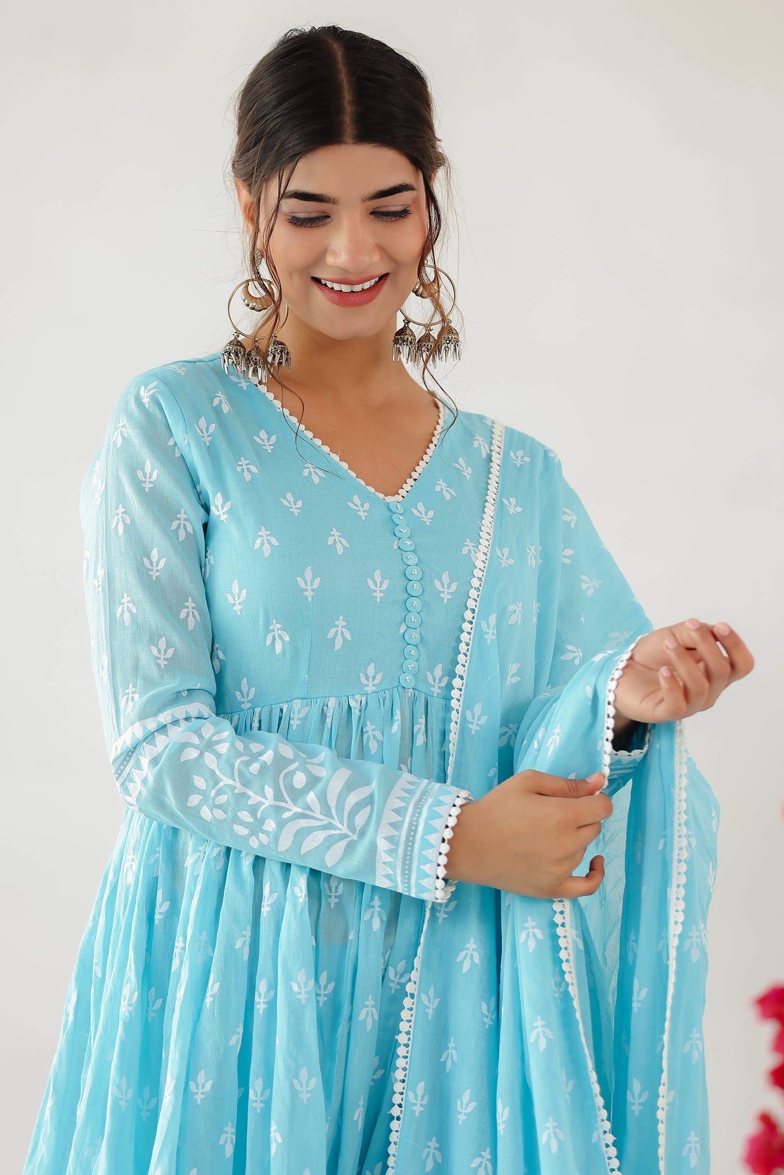 MAITREE ICE BLUE MULMUL ANARKALI SET (RTS)