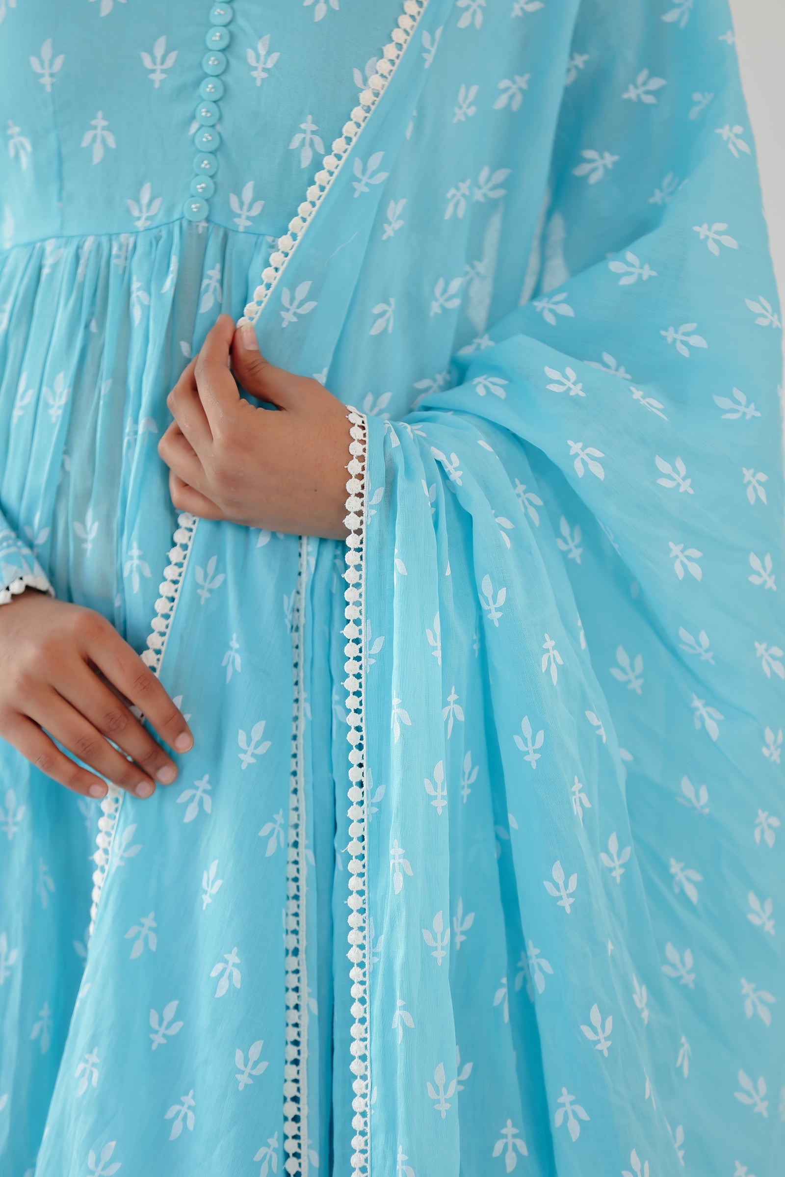 MAITREE ICE BLUE MULMUL ANARKALI SET (RTS)