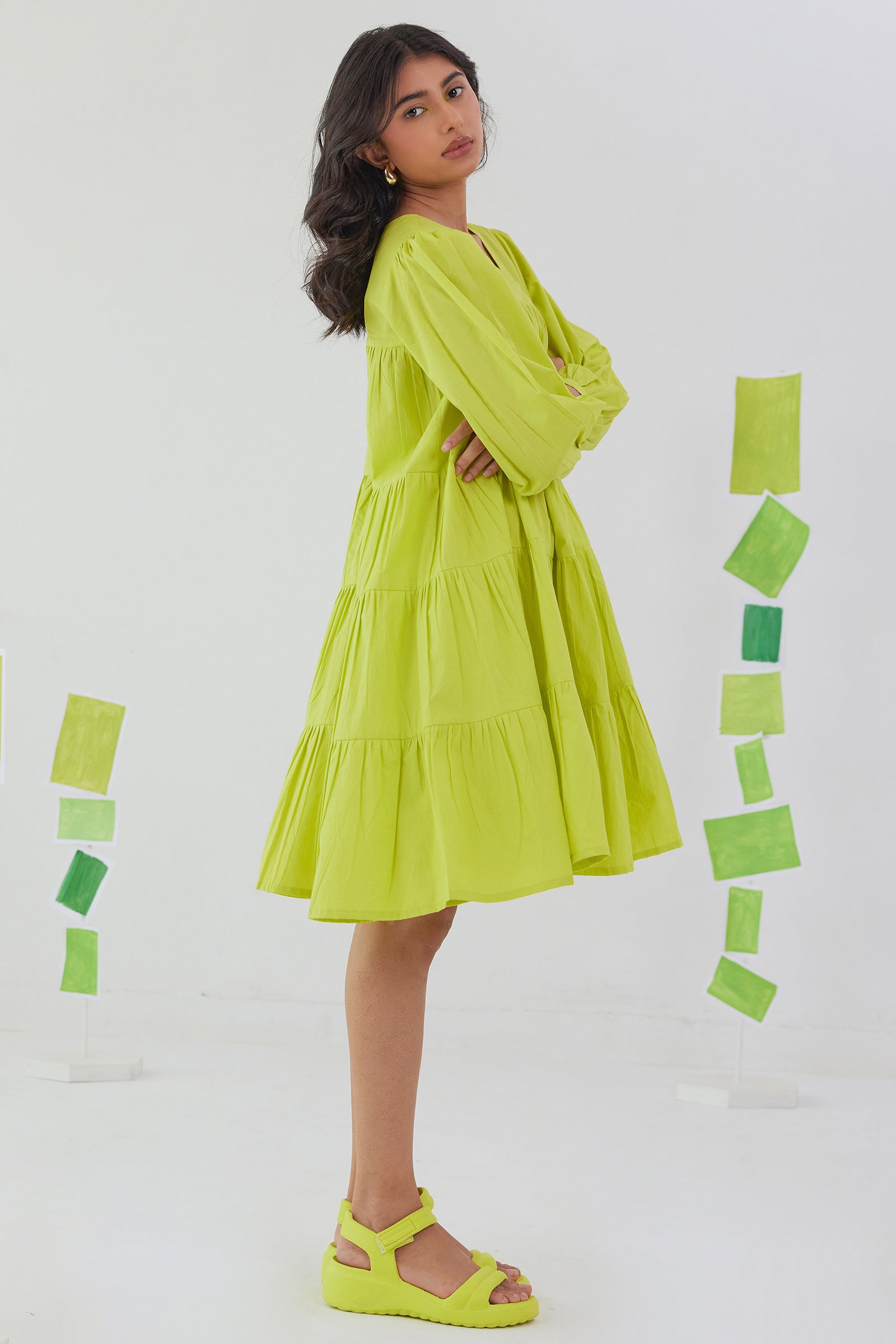 VIVID LIME NEON POPLIN TIERED KNEE LENGTH DRESS