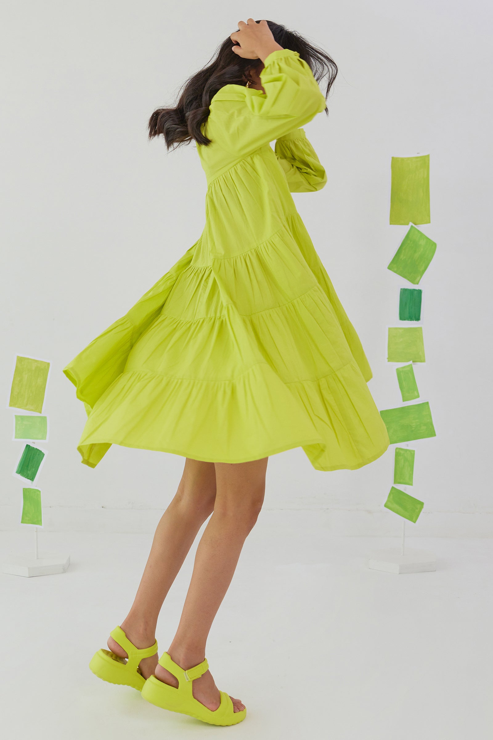 VIVID LIME NEON POPLIN TIERED KNEE LENGTH DRESS