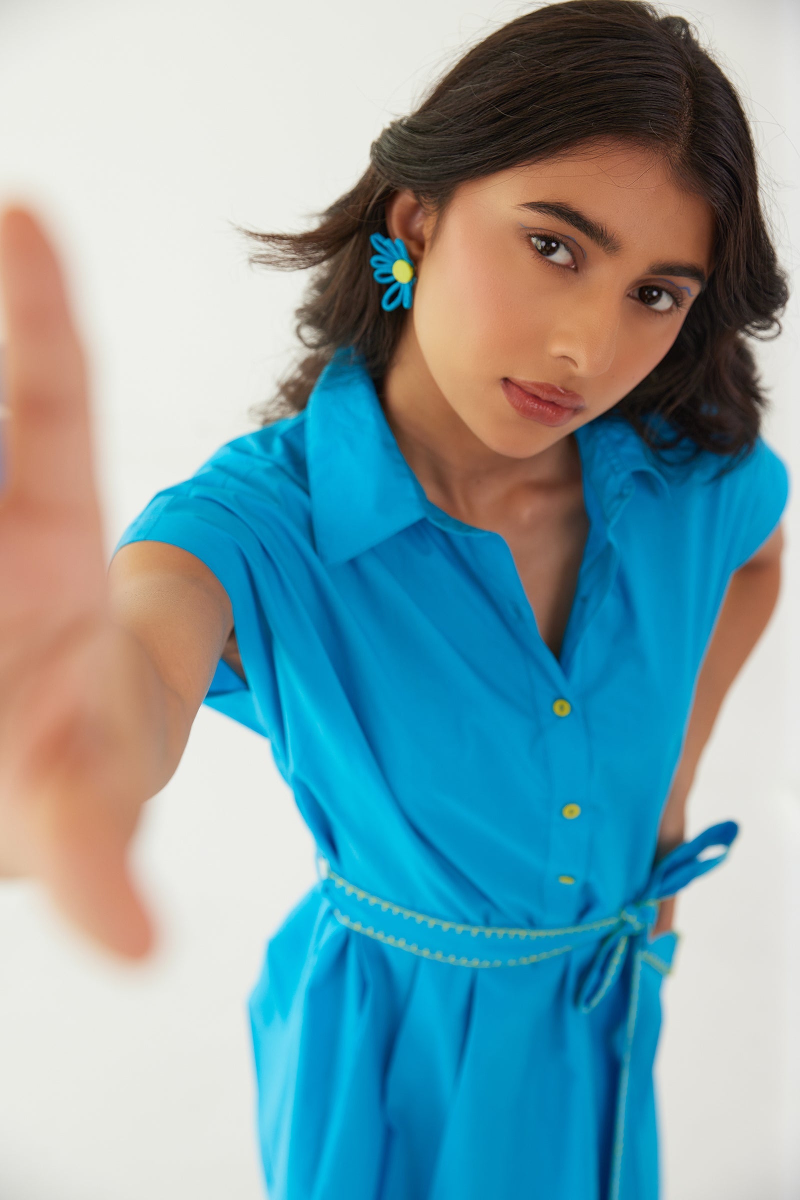 FROST BLUE POPLIN SHIRT DRESS WITH EMBROIDERED BELT