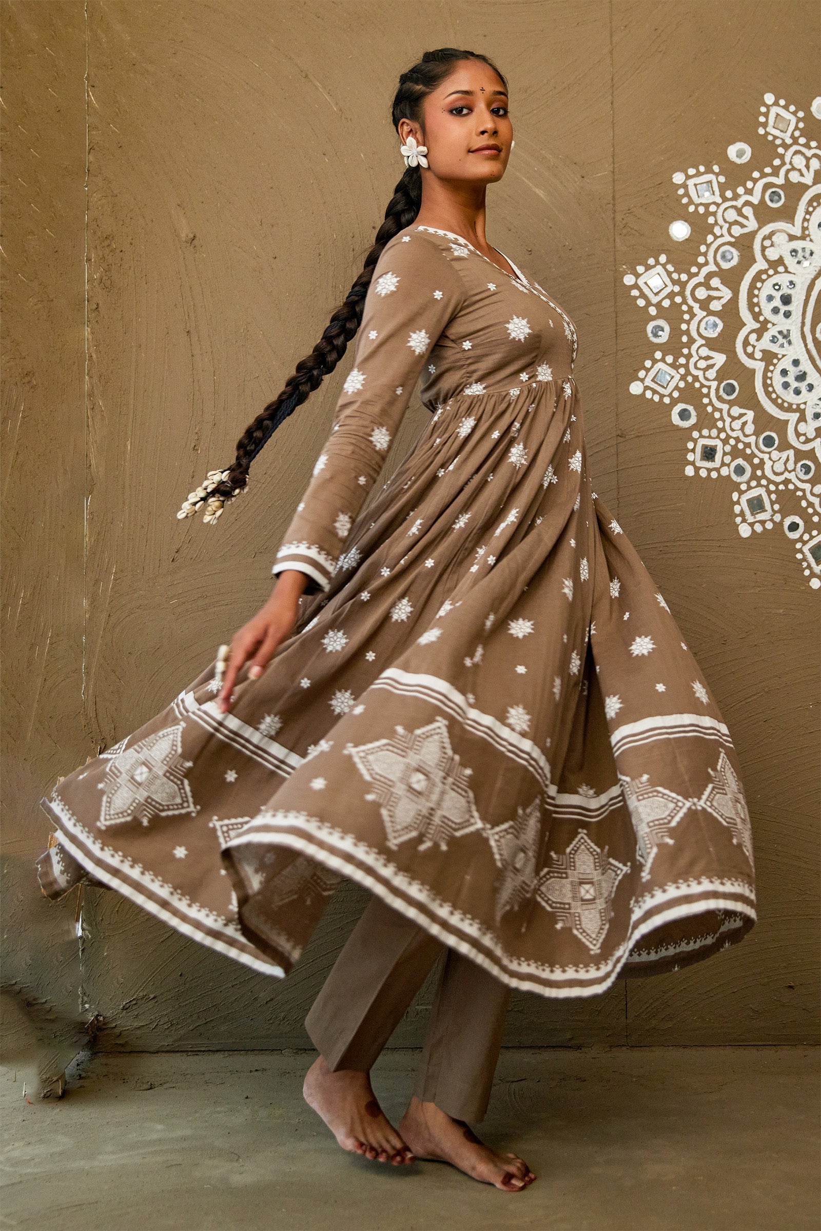 Janki Brown Mul Cotton V Neck Anarkali Set