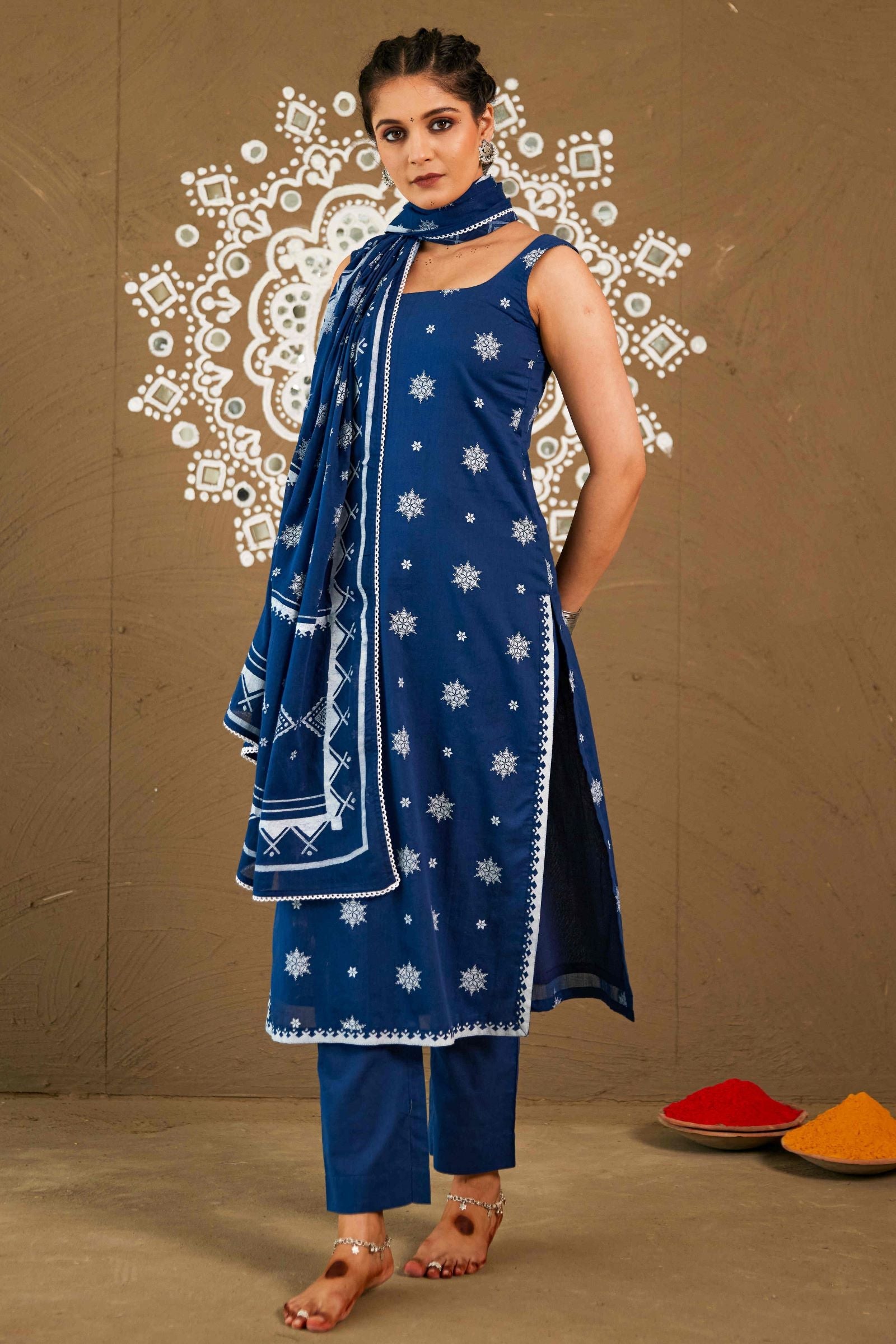 Gagan Blue Cotton Sleeveless Kurta Set