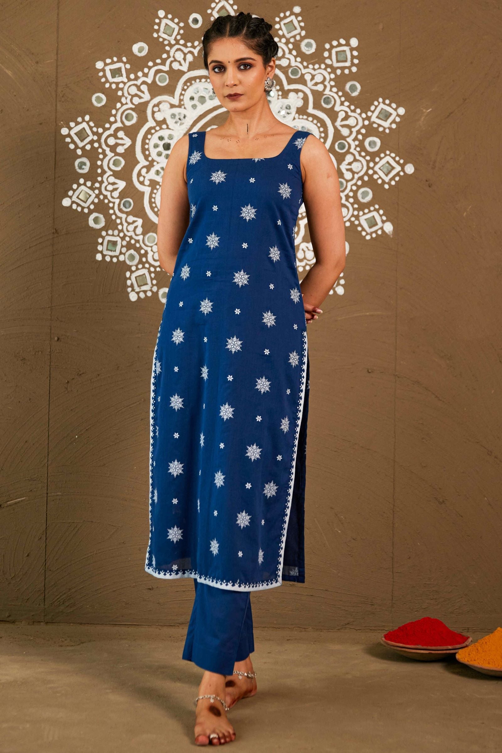 Gagan Blue Cotton Sleeveless Kurta Set