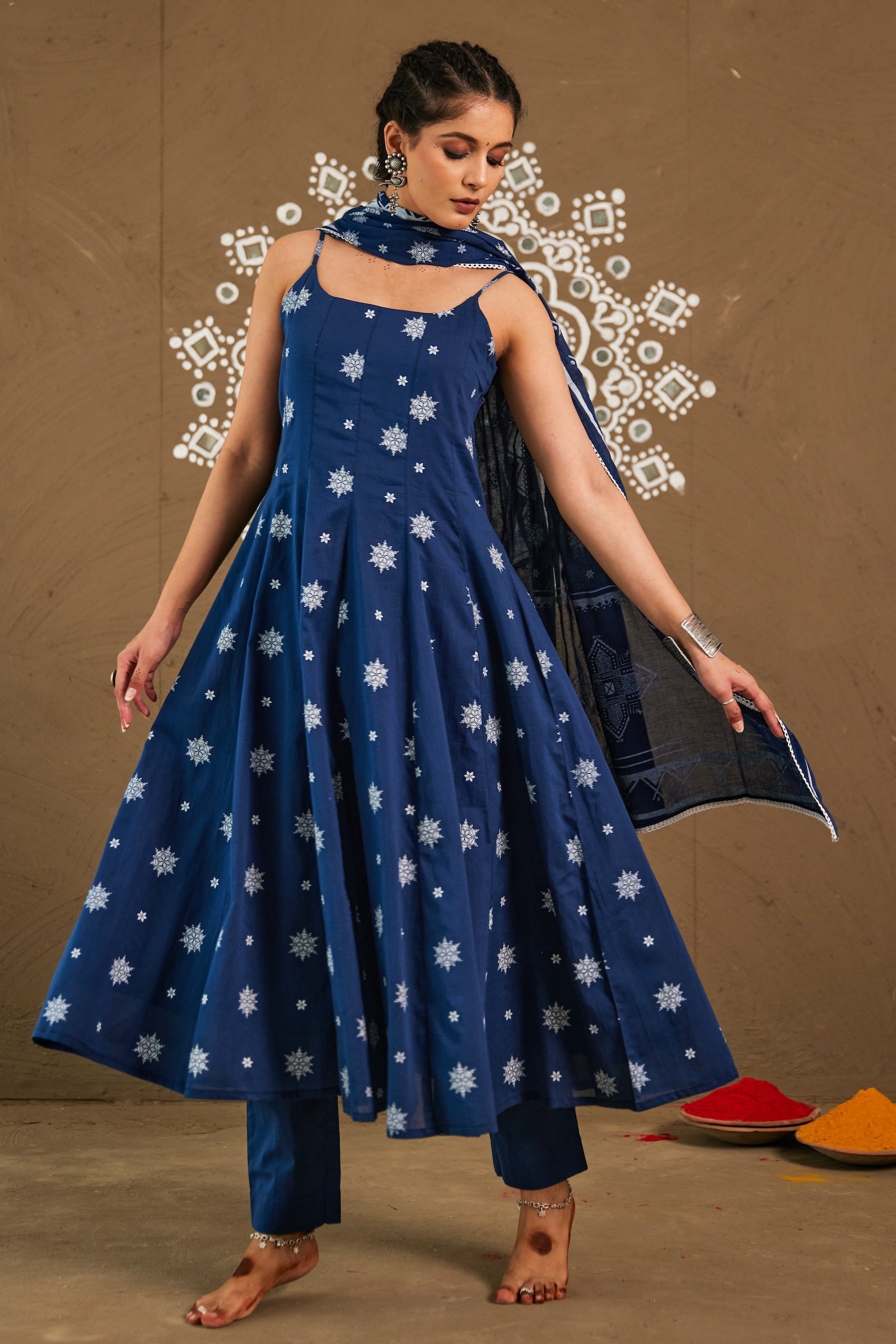 Anika Blue Mul Cotton Adjustable Strap Anarkali Set