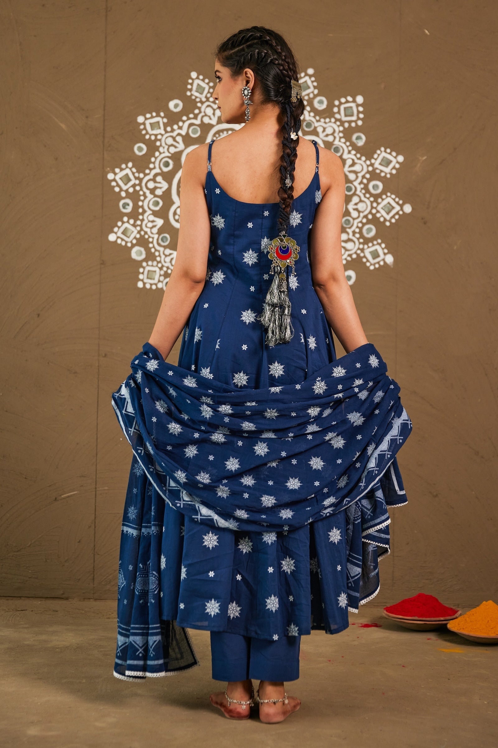 Anika Blue Mul Cotton Adjustable Strap Anarkali Set