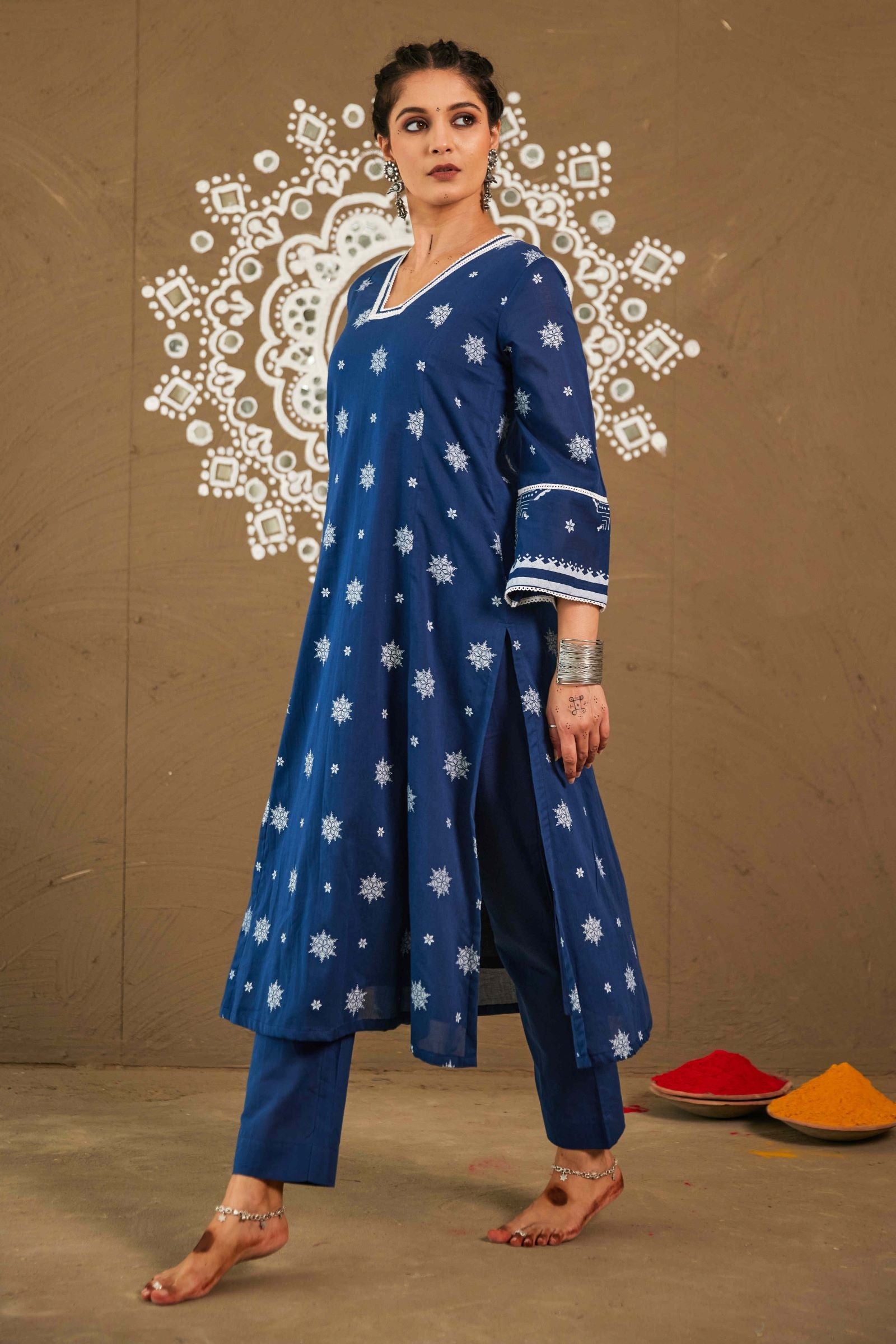 Kapur Blue Cotton Loose Fitted A-Line Set