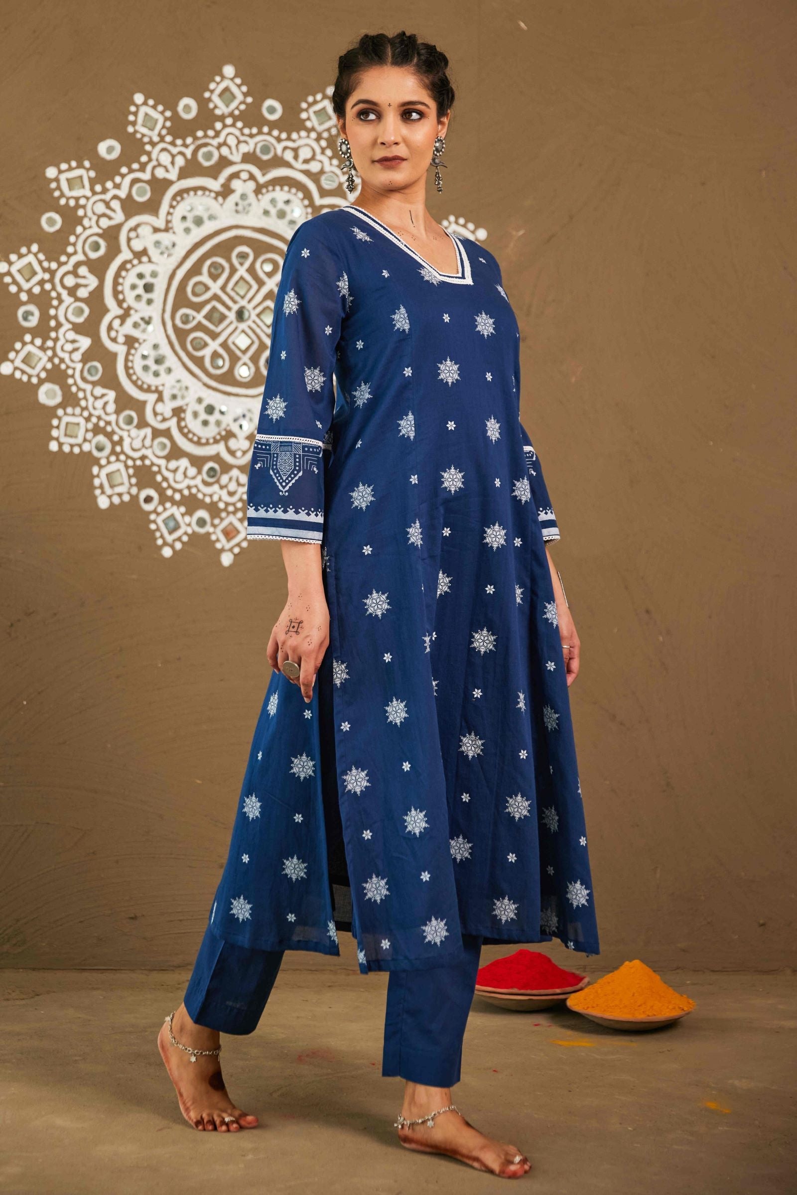 Kapur Blue Cotton Loose Fitted A-Line Set