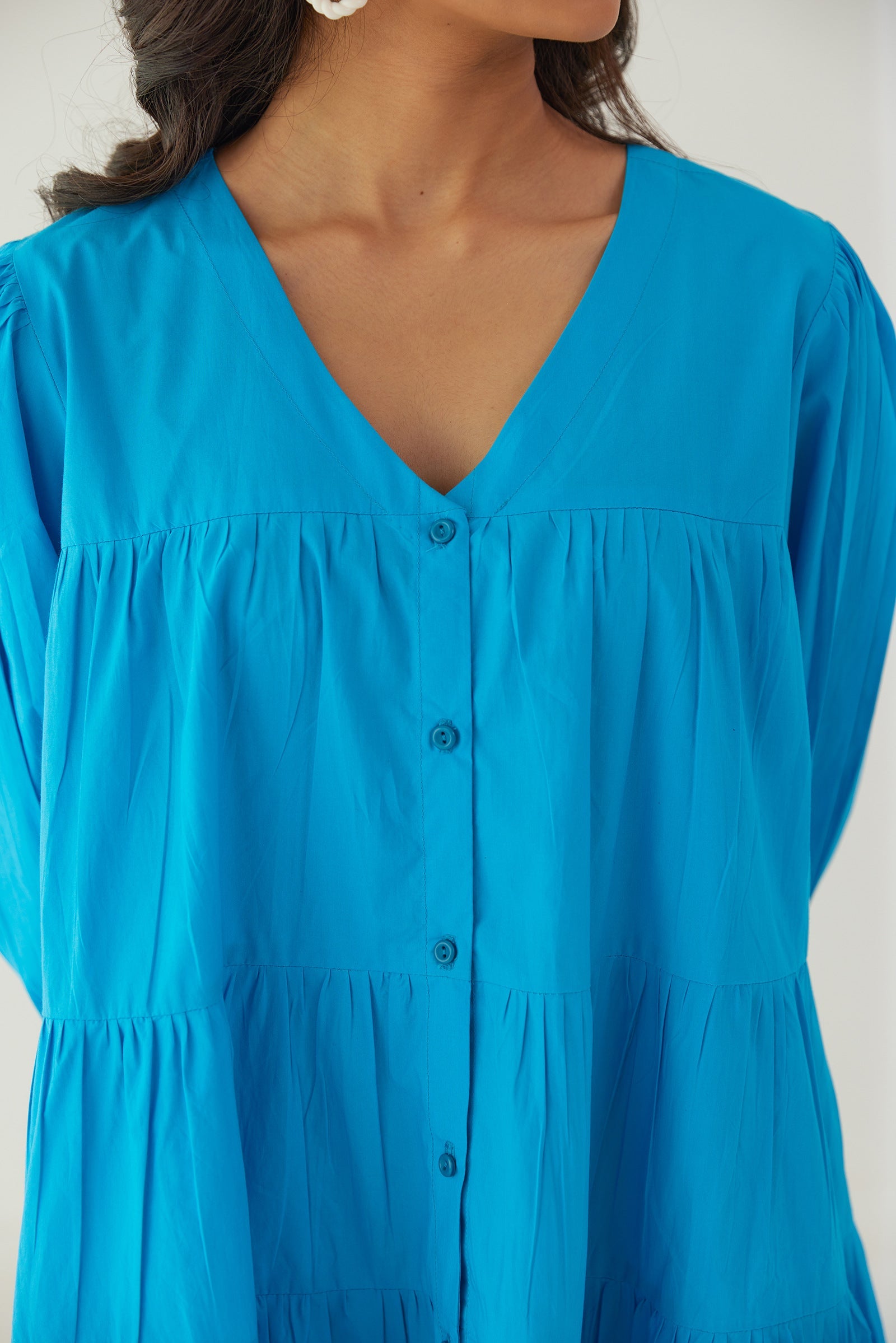 TWIRLY BLUE POPLIN TIERED KNEE LENGTH DRESS