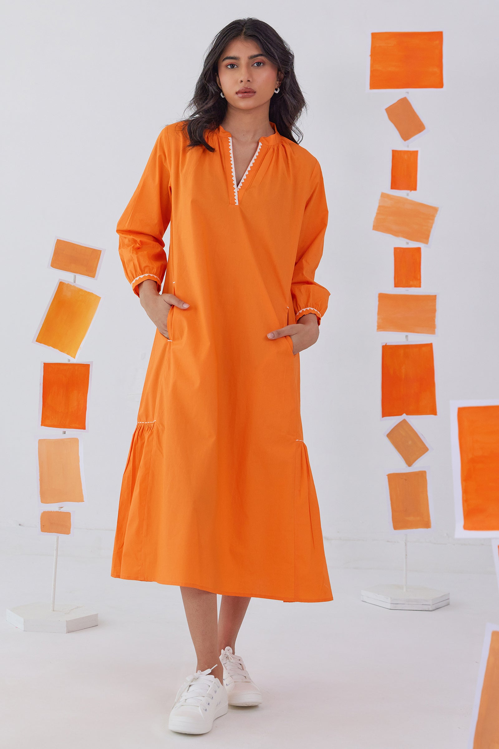 NECTAR ORANGE POPLIN CALF LENGTH DRESS