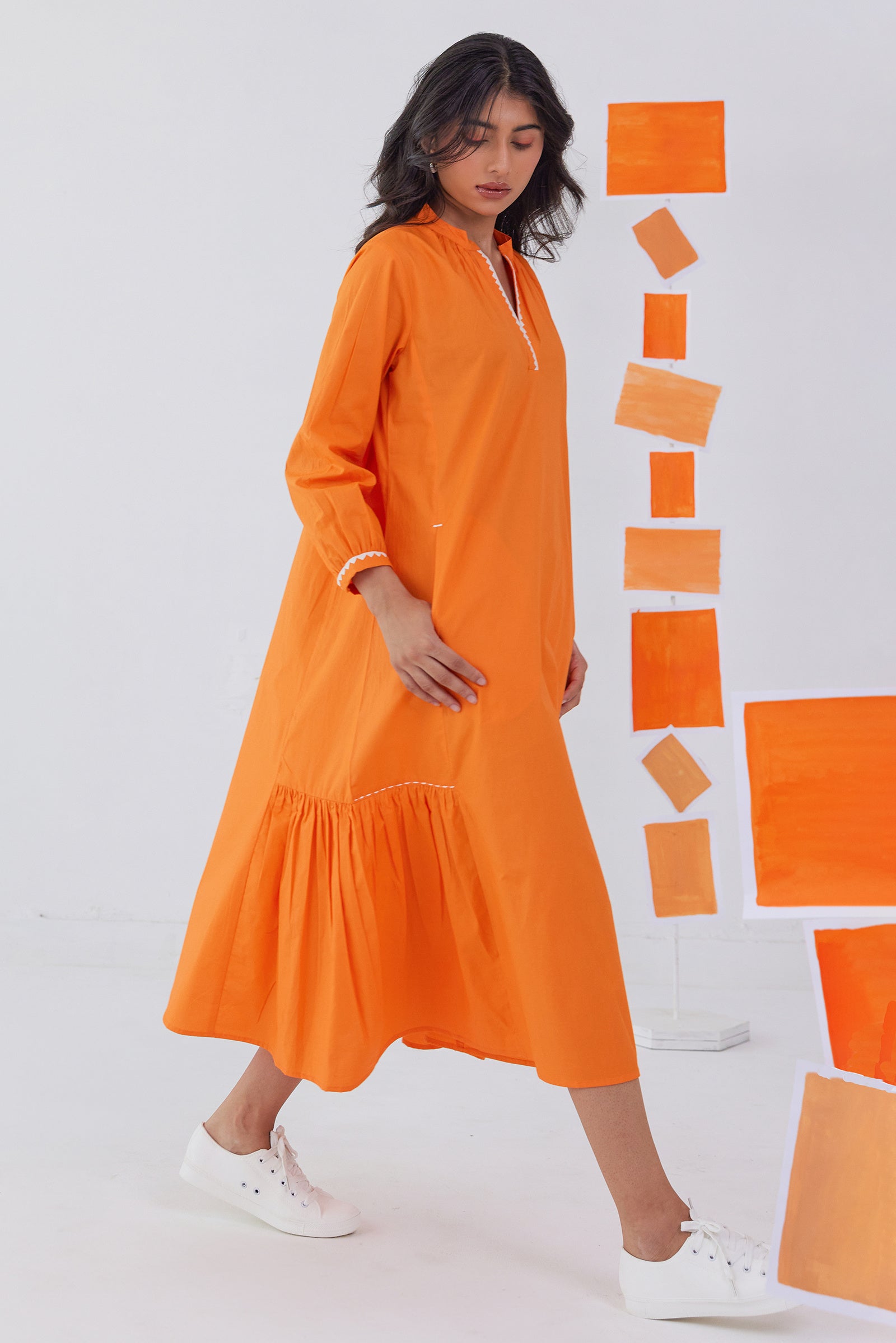 NECTAR ORANGE POPLIN CALF LENGTH DRESS