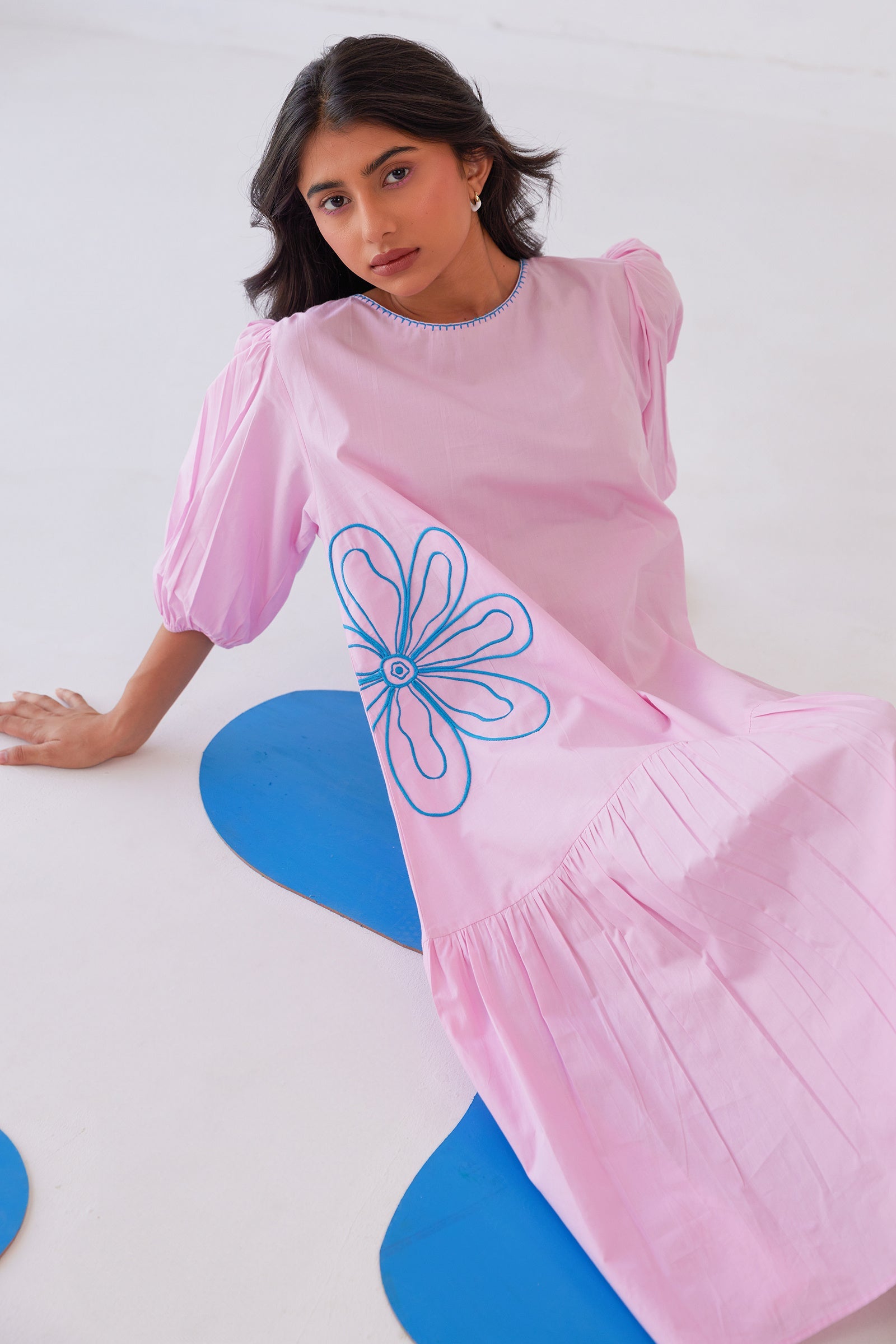 PARFAIT PINK POPLIN EMBROIDERED TIERED CALF LENGTH DRESS