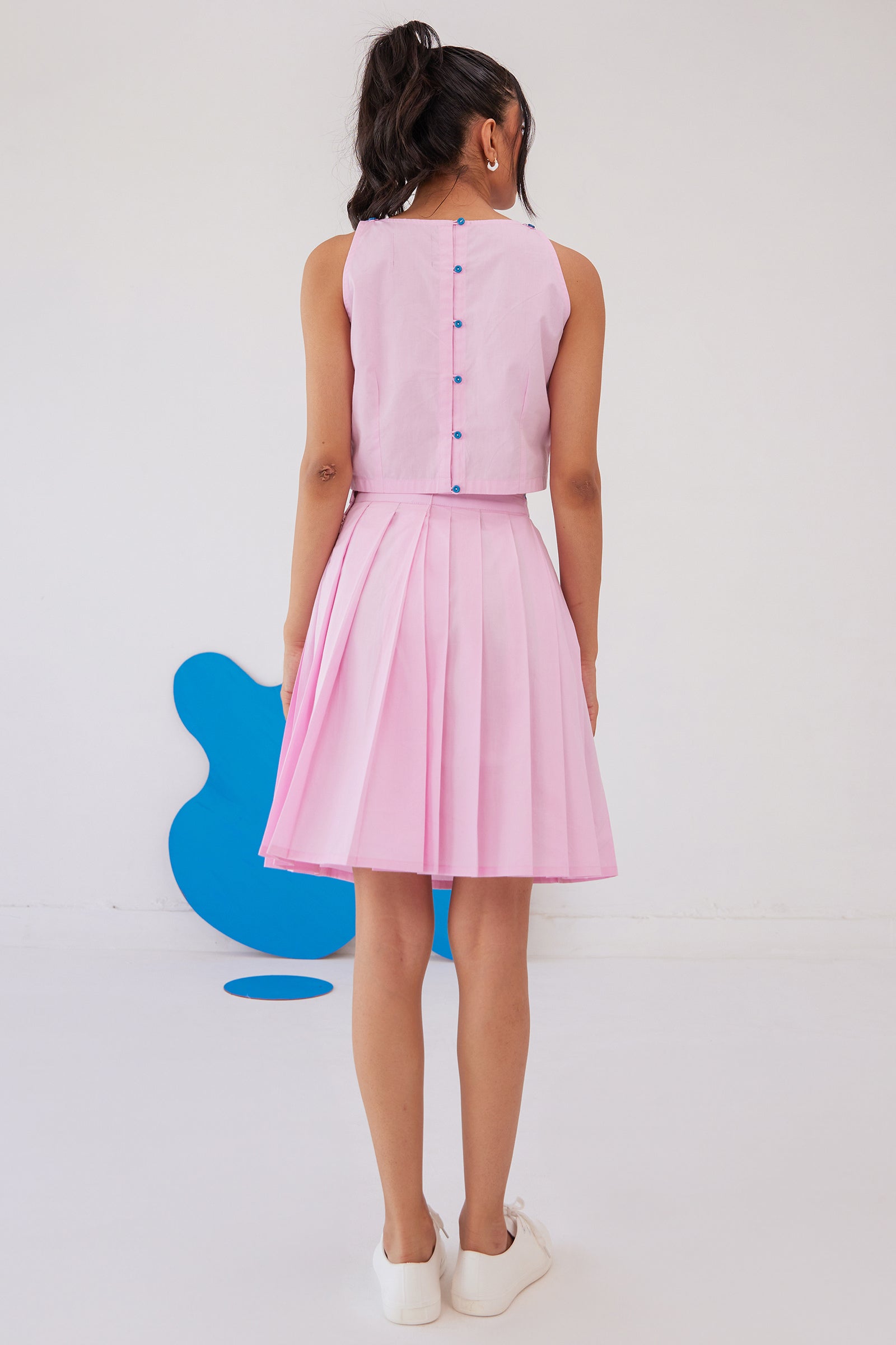 POWERPUFF PINK EMBROIEDERED TOP - PLEATED SKIRT SET
